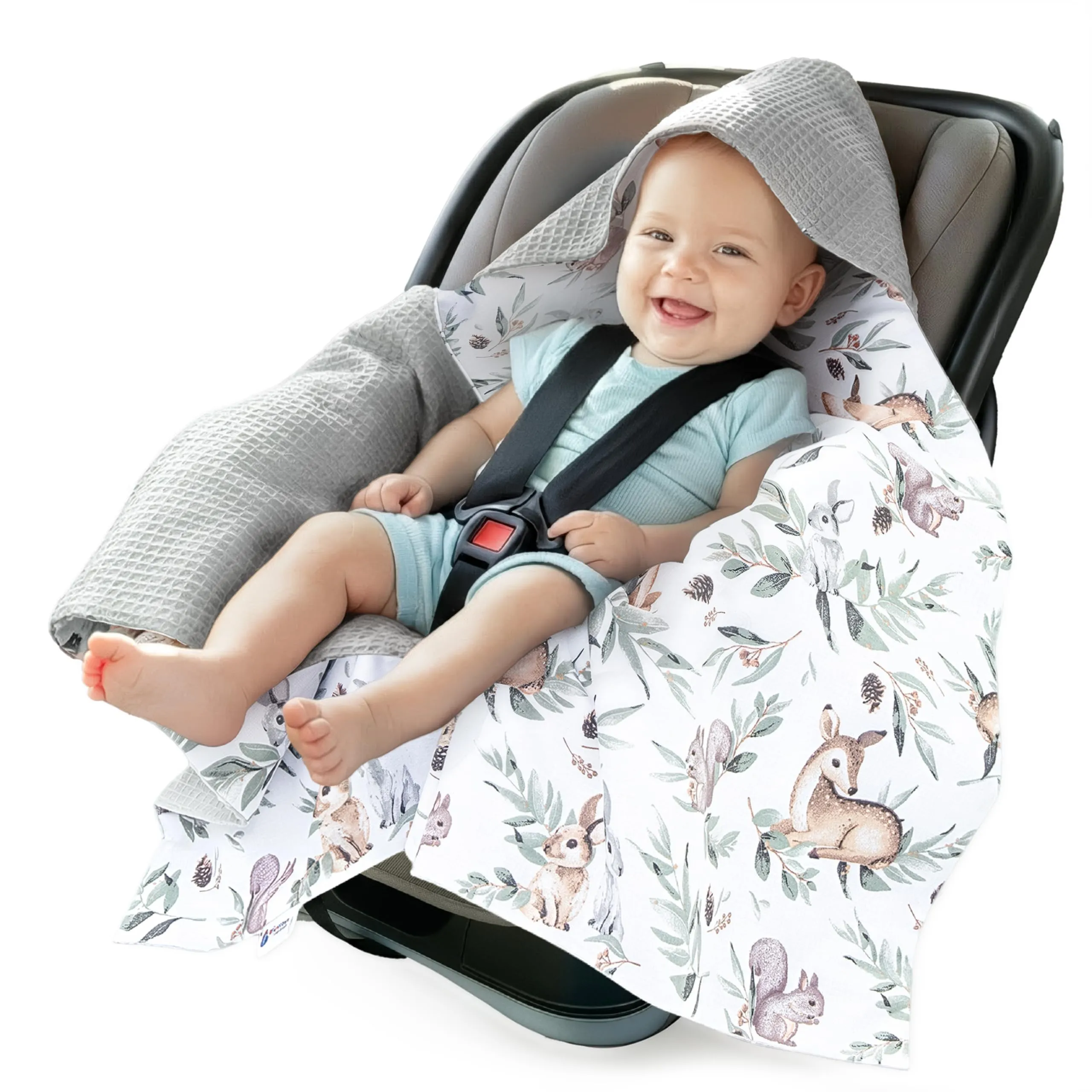 Medi Partners Coperta neonato ovetto Sacco per Passeggino - 100% Cotone universale Blanket 85x85cm fodera protettiva Morbida e Accogliente Passeggini Marsupio (Cervo In Foglie Con Waffle Grigio)