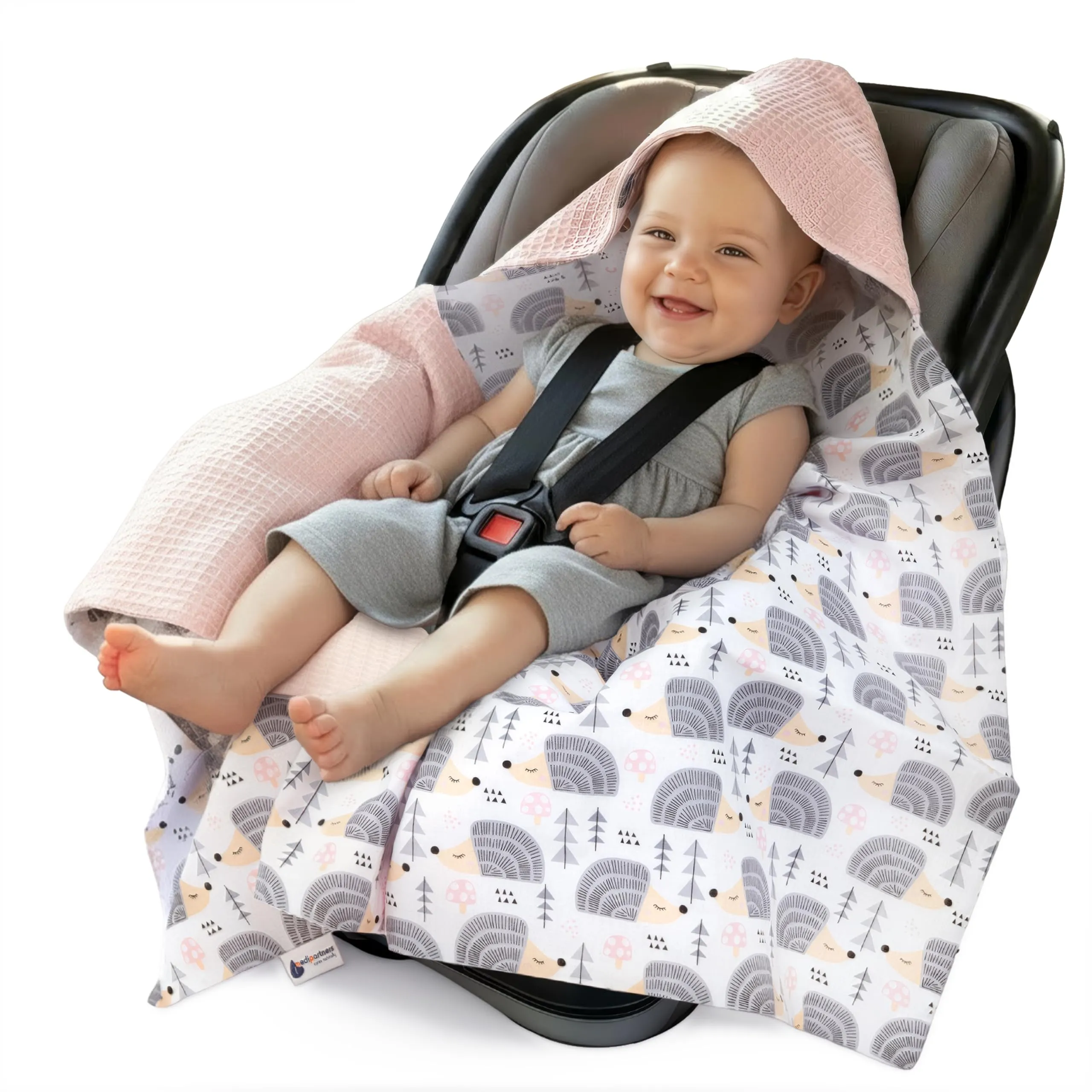 Medi Partners Coperta neonato ovetto Sacco per Passeggino - 100% Cotone universale Blanket 85x85cm fodera protettiva Morbida e Accogliente Passeggini Marsupio (Ricci Con Rosa Chiaro Waffle)