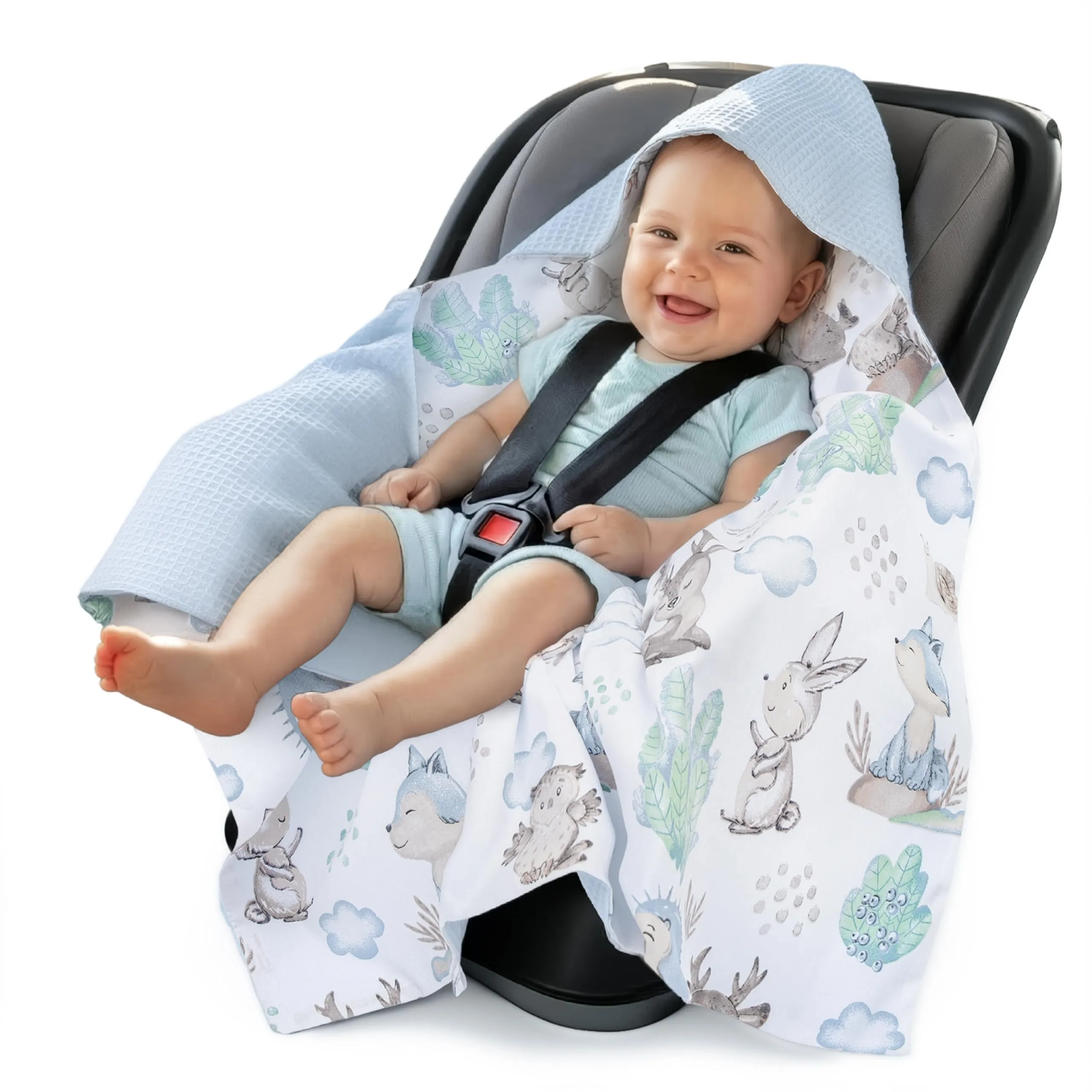Medi Partners Coperta neonato ovetto Sacco per Passeggino - 100% Cotone universale Blanket 85x85cm fodera protettiva Morbida e Accogliente Passeggini Marsupio (Cervo E Riccio Con Waffle Azzurre)