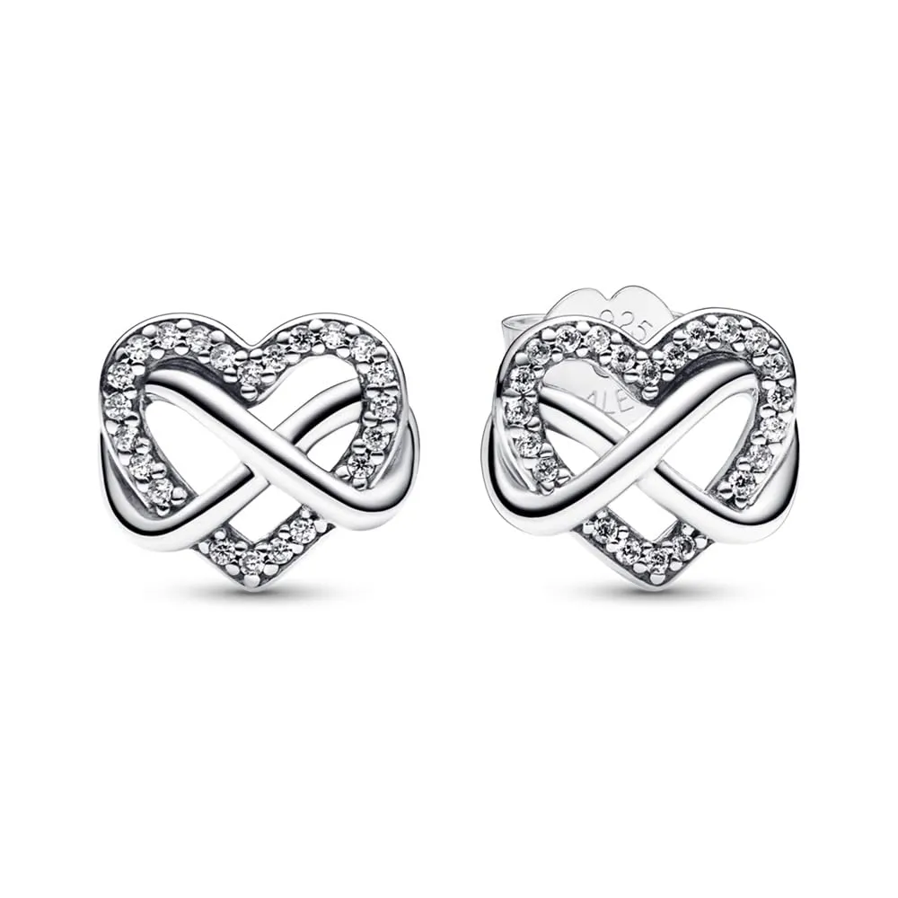 PANDORA Orecchini a bottone Moments Infinity a forma di cuore in argento Sterling con zirconi cubici trasparenti