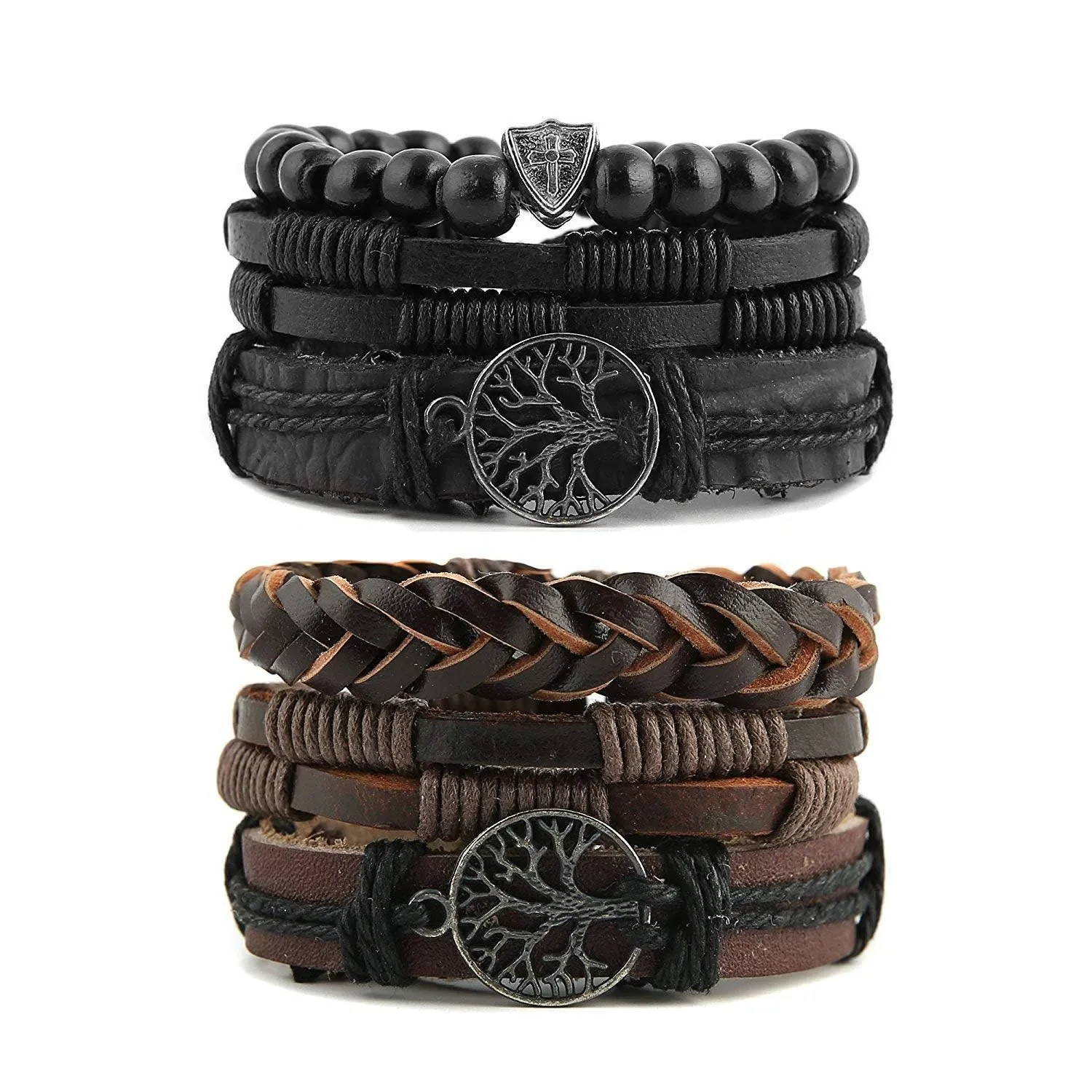 HZMAN Bracciale in vera pelle con albero della vita per uomo e donna, occhio di tigre, pietra lavica naturale, perle etniche, tribali, elastici, One Size, Acciaio inossidabile