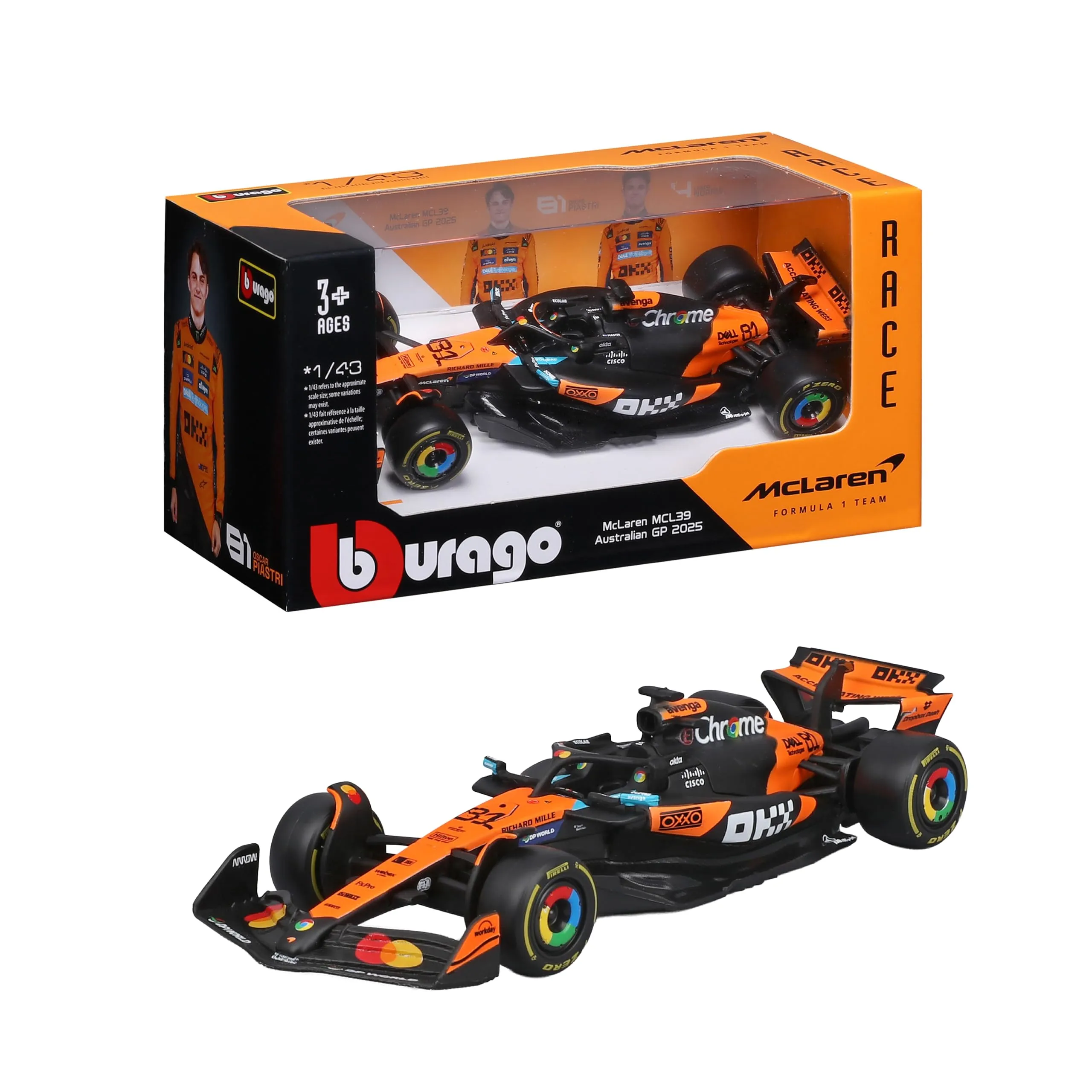 Bburago - McLaren F1 MCL39 2025#81 Piastri, Auto Diecast in Scala 1:43 con Dettagli Autentici, Replica F1 McLaren, Livrea Papaya/Nera, Licenza Ufficiale, Età Consigliata 3+ Anni