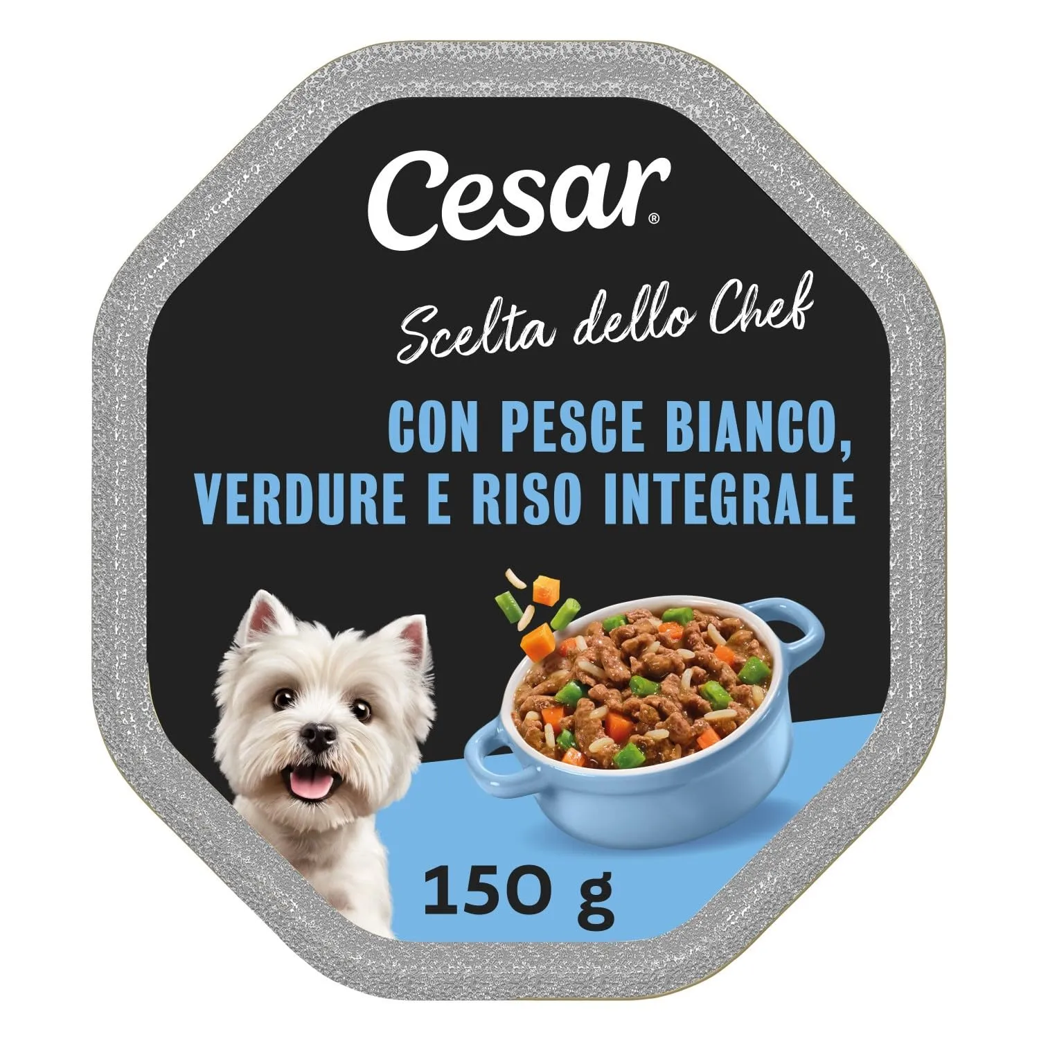 Cesar Scelta dello Chef Cibo Umido per Cani con Pesce Bianco alla Griglia, Riso Integrale e Verdure, 14 Vaschette da 150 g, Totale 2.100g