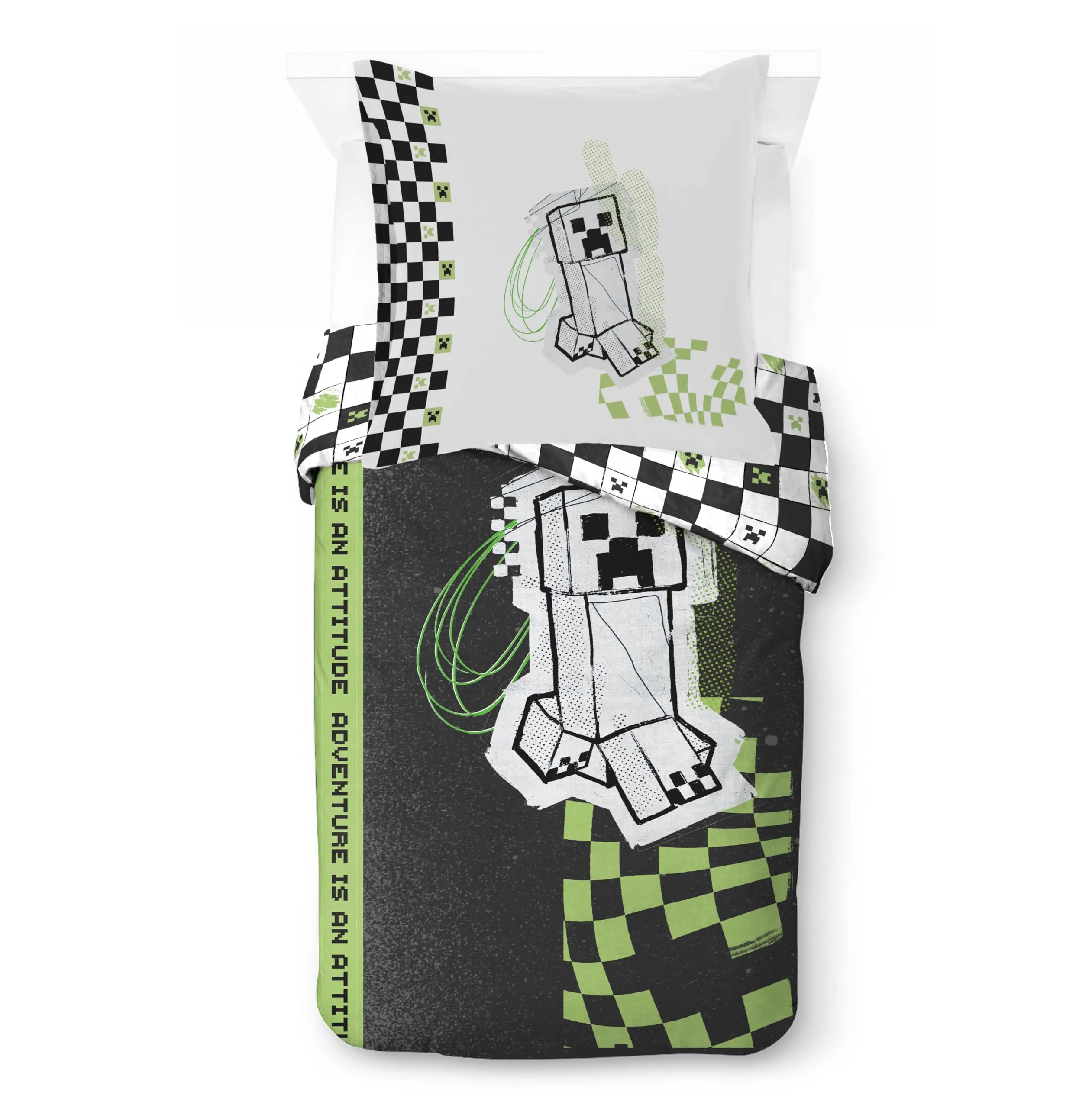 Jay Franco Minecraft Creeper - Set di biancheria da letto per bambini, super morbida, con federa, solo copripiumino (imbottitura non inclusa), colore grigio, 2 pezzi