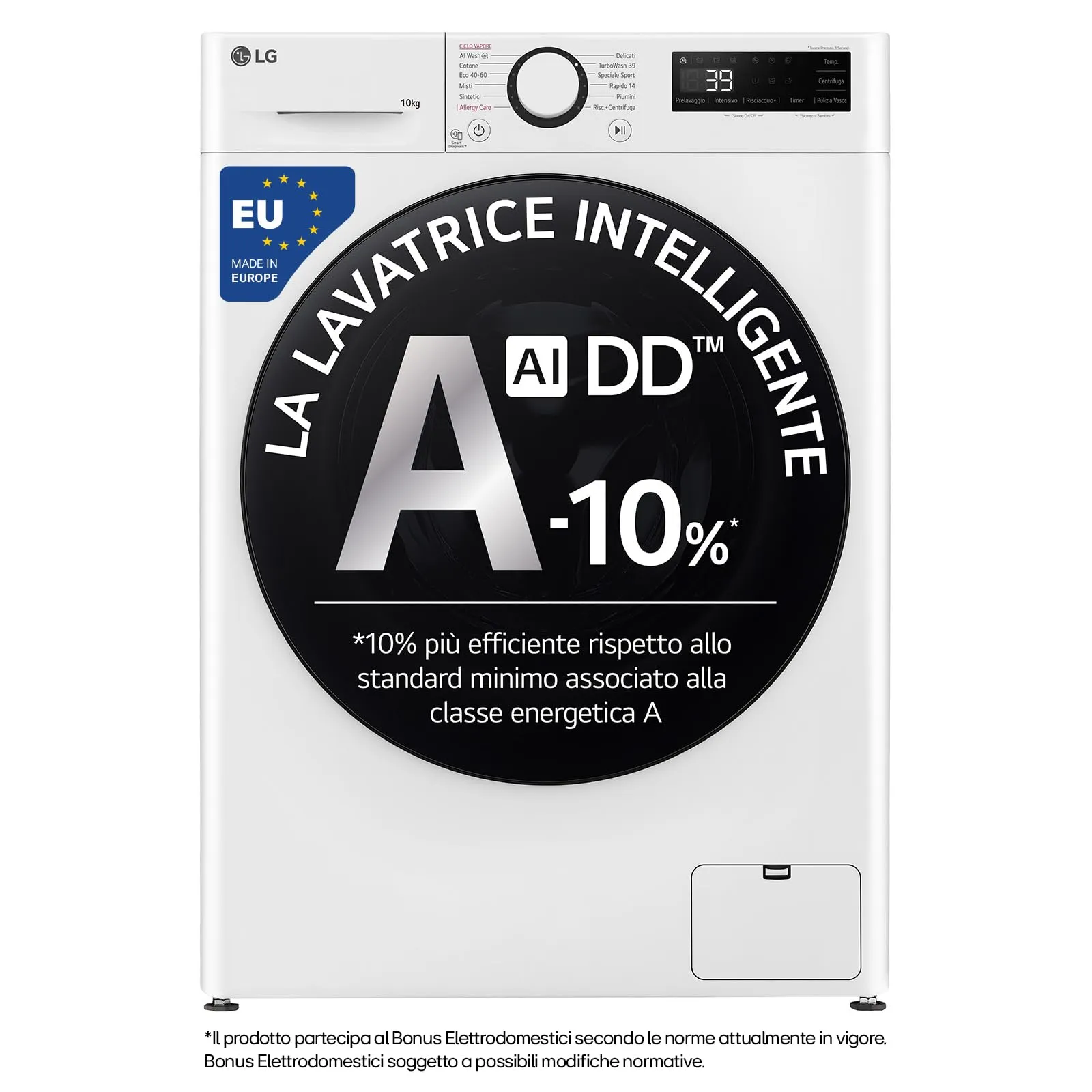 LG F4WR6010AGW Lavatrice 10 kg Serie R5, Classe A-10%, AI DD, TurboWash