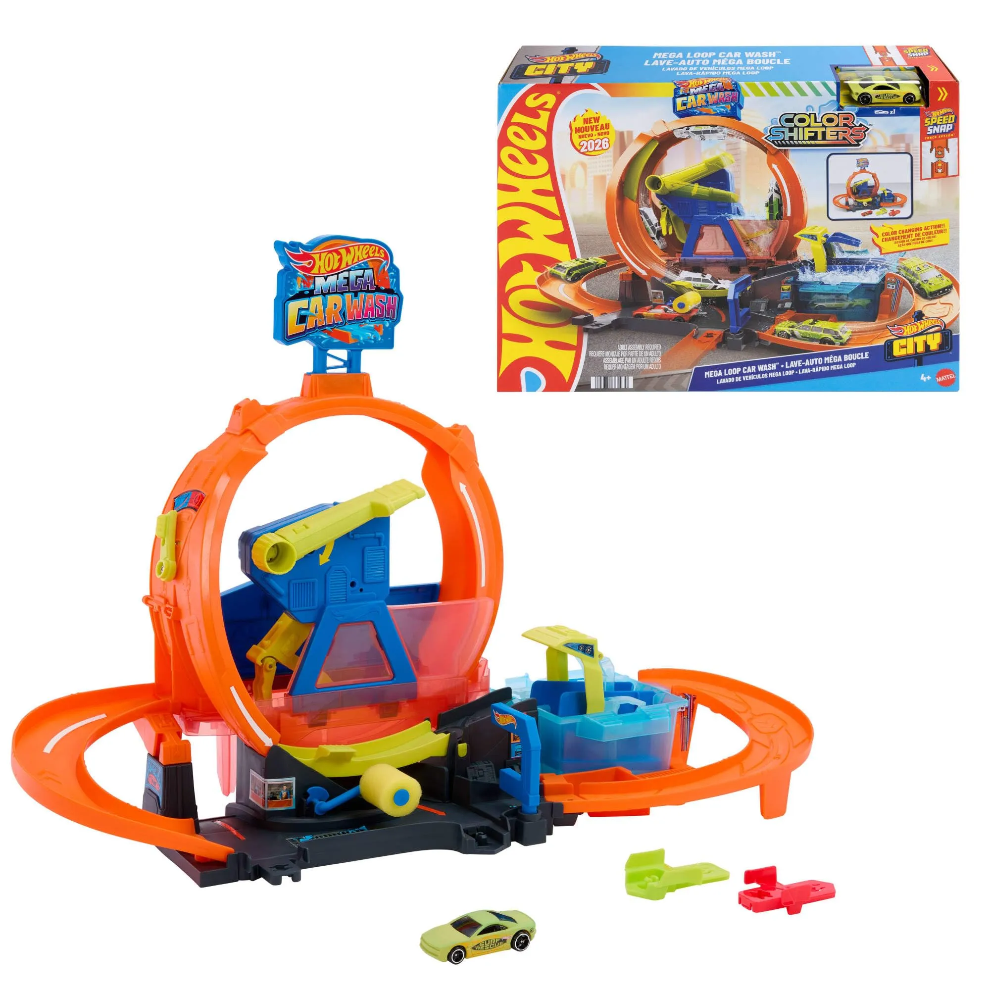Hot Wheels City Loop playset autolavaggio e veicolo che cambia colore