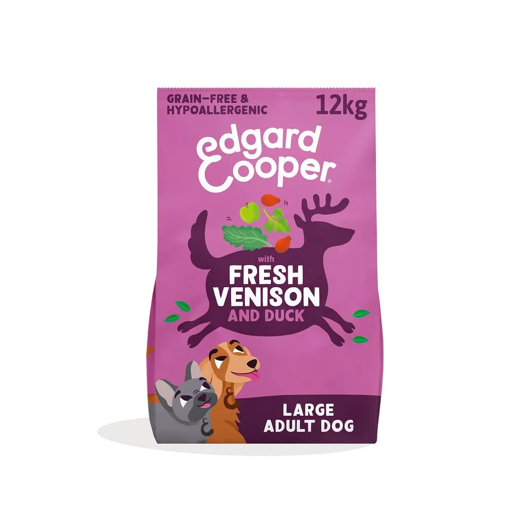Edgard & Cooper Crochette Cani Adulti Senza Cereali Per Cani Di Taglia Grande (12kg), Cervo e Anatra Freschi, Ricetta Ipoallergenica Con Mela, Cavolo Riccio e Rosa Canina, Senza Farine Di Carne