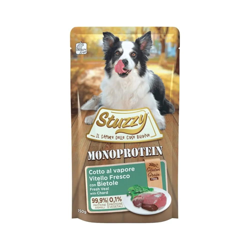 Stuzzy, Monoprotein Grain & Gluten Free, Cibo Umido per Cani Adulti al Gusto Vitello con Bietole Fresco Preparato in Patè - Totale 1,8Kg (12 Buste da 150G)