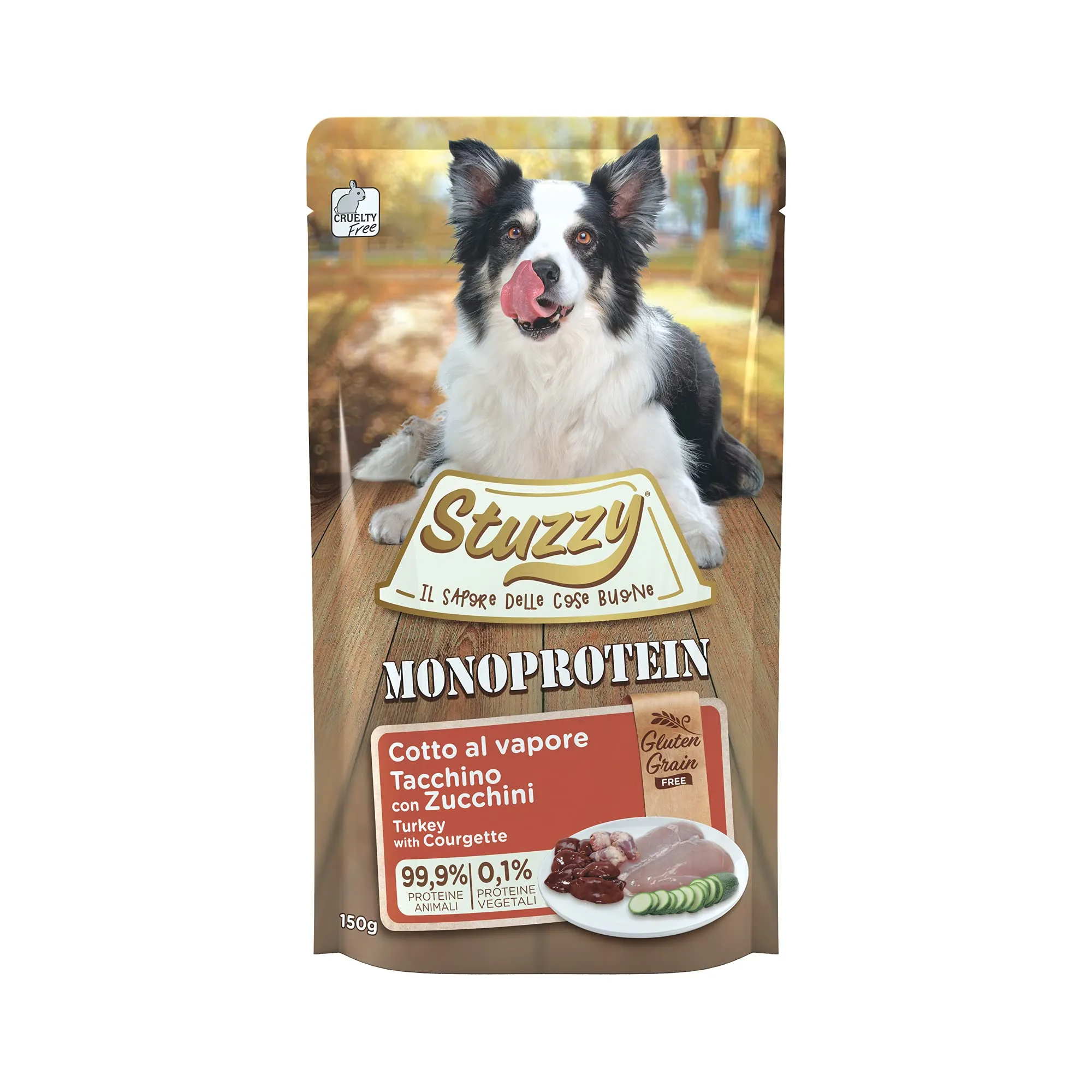 Stuzzy, Monoprotein Grain & Gluten Free, Cibo Umido per Cani Adulti con Tacchino e Zucchine, Preparato in Patè - Totale 1,8Kg (12 Buste da 150G)