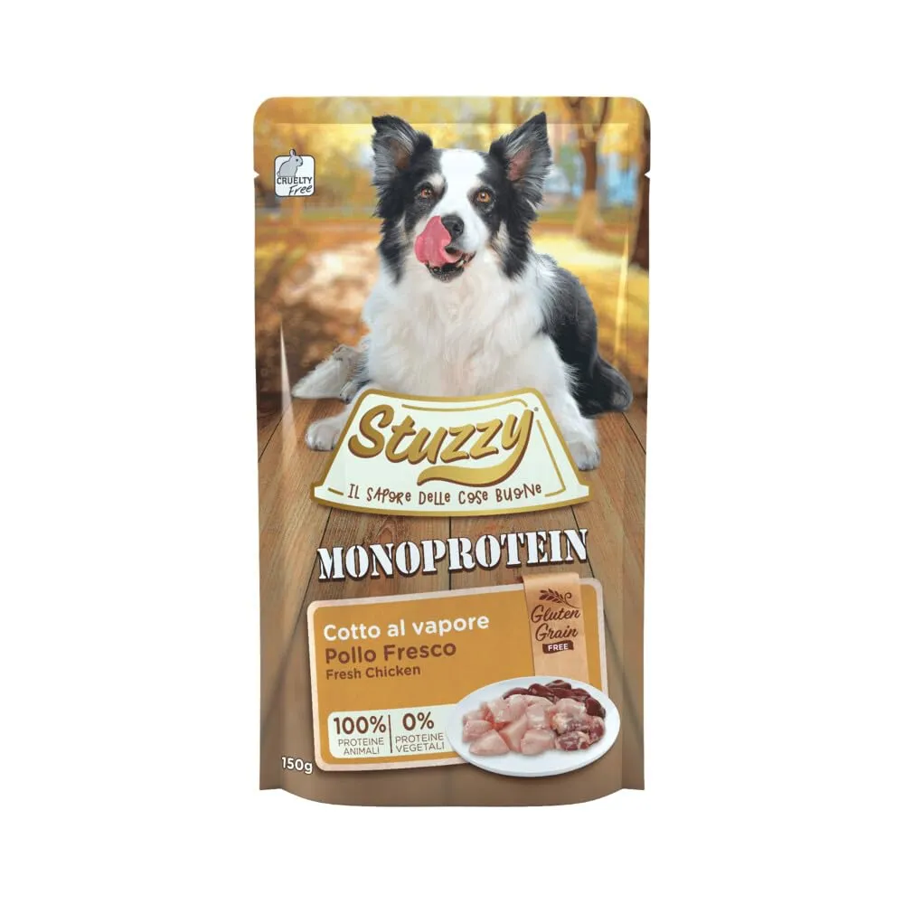 Stuzzy, Monoprotein Grain & Gluten Free, Cibo Umido per Cani Adulti al Gusto Pollo Fresco Preparato in Patè - Totale 1,8Kg (12 Buste da 150G)