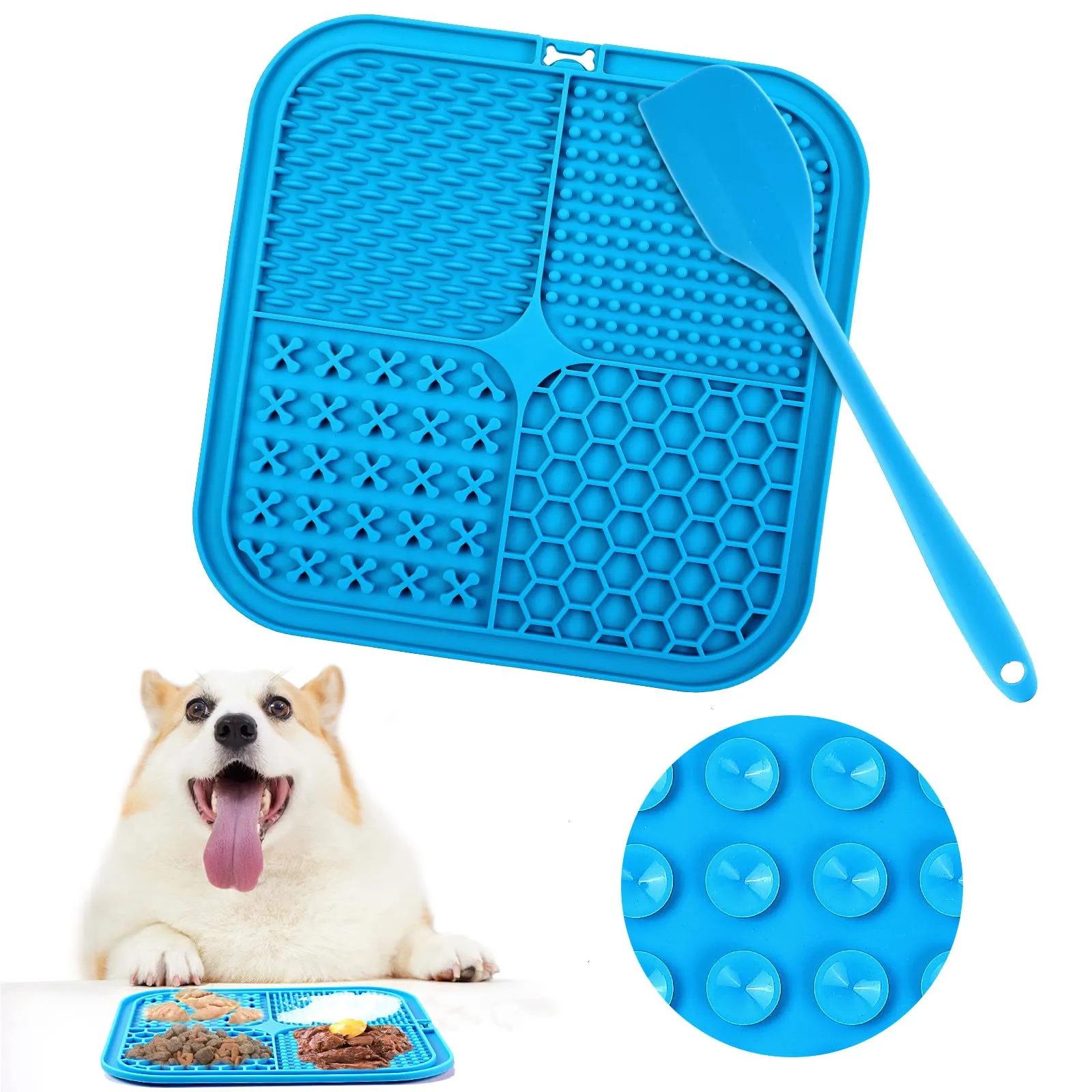 Romon Tappetino Leccare Cane, 20x20cm Cane Pad Leccare con Spatola Silicone, Senza BPA Tappetini Leccare Cani con Ventosa, Lick Mat per Bagno Toelettatura Addestramento Curarlo (Blu)