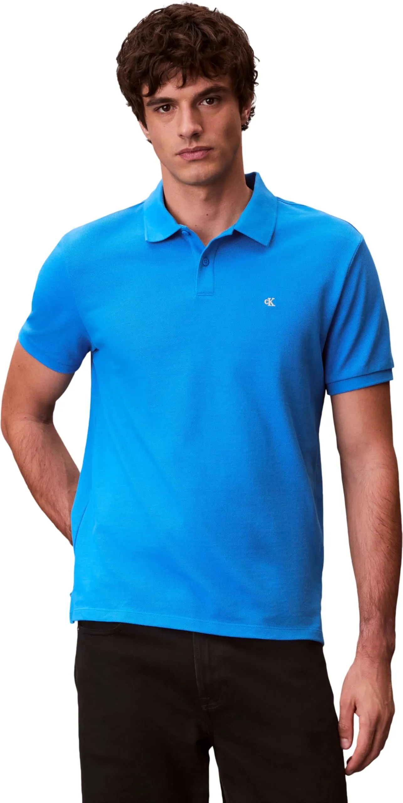 Calvin Klein Uomo Maglietta Polo Maniche Corte Monogram Pique in Cotone, Blu (French Blue), S