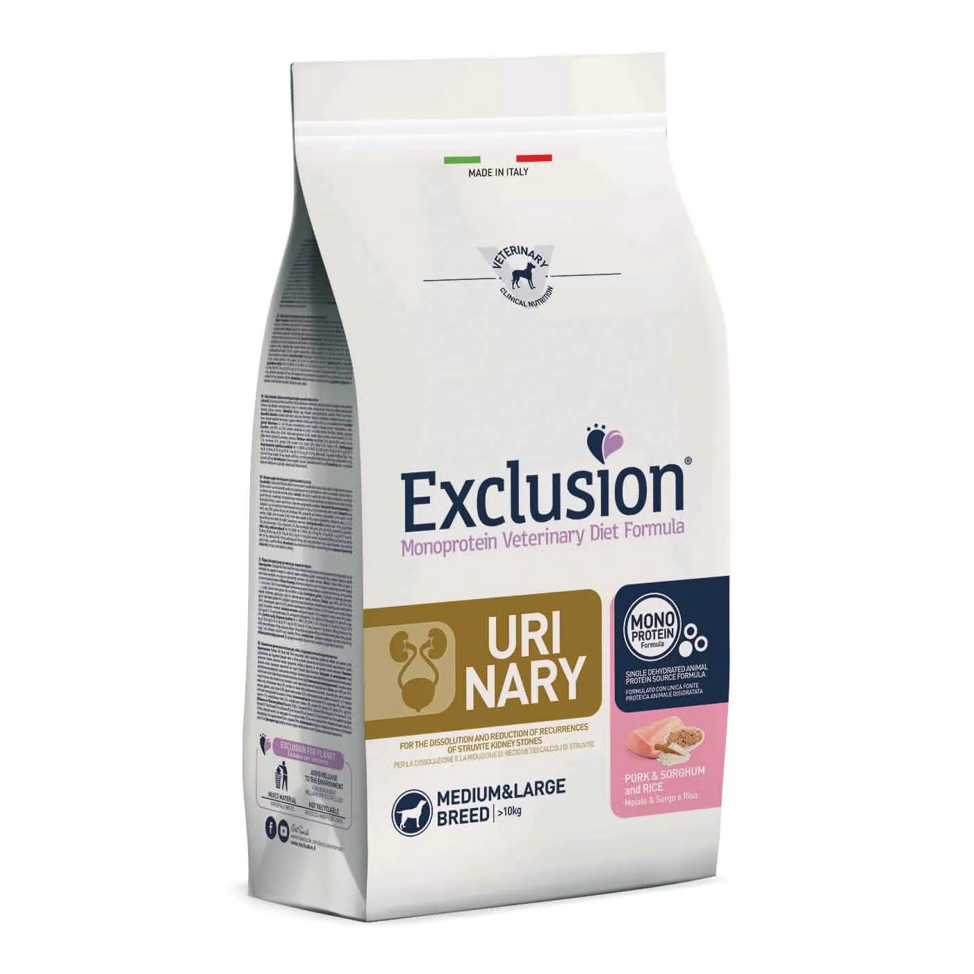 Exclusion monoprotein veterinary diet formula dog urinary pork & sorghum and rice medium/large 2 kg dry