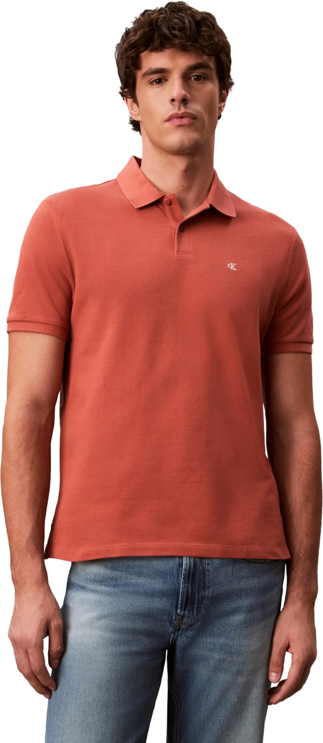 Calvin Klein Uomo Maglietta Polo Maniche Corte Monogram Pique in Cotone, Arancione (Faded Flower), S