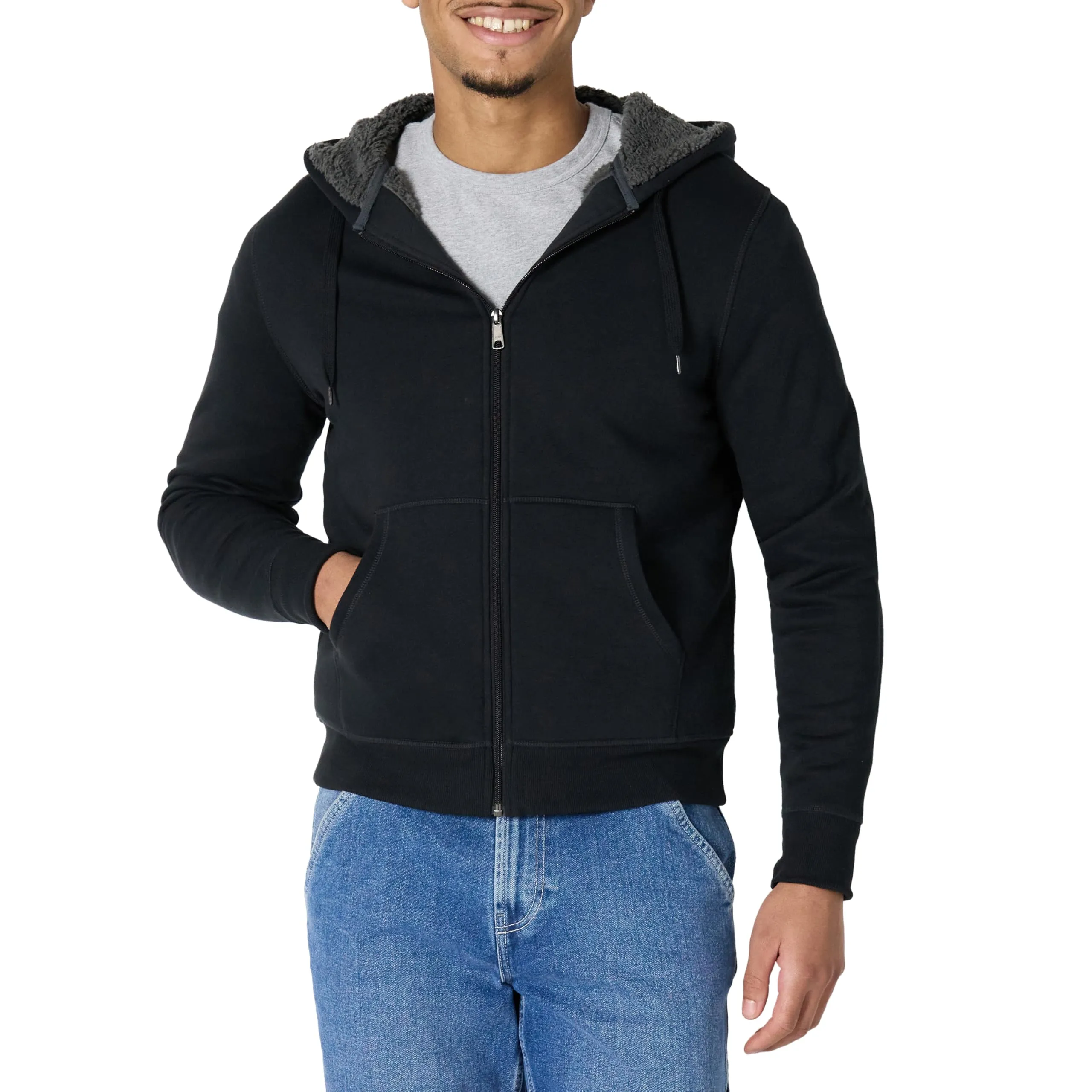 Amazon Essentials Felpa con Cappuccio e Cerniera Integrale in Pile Foderata in Sherpa Uomo, Nero Slavato, XS