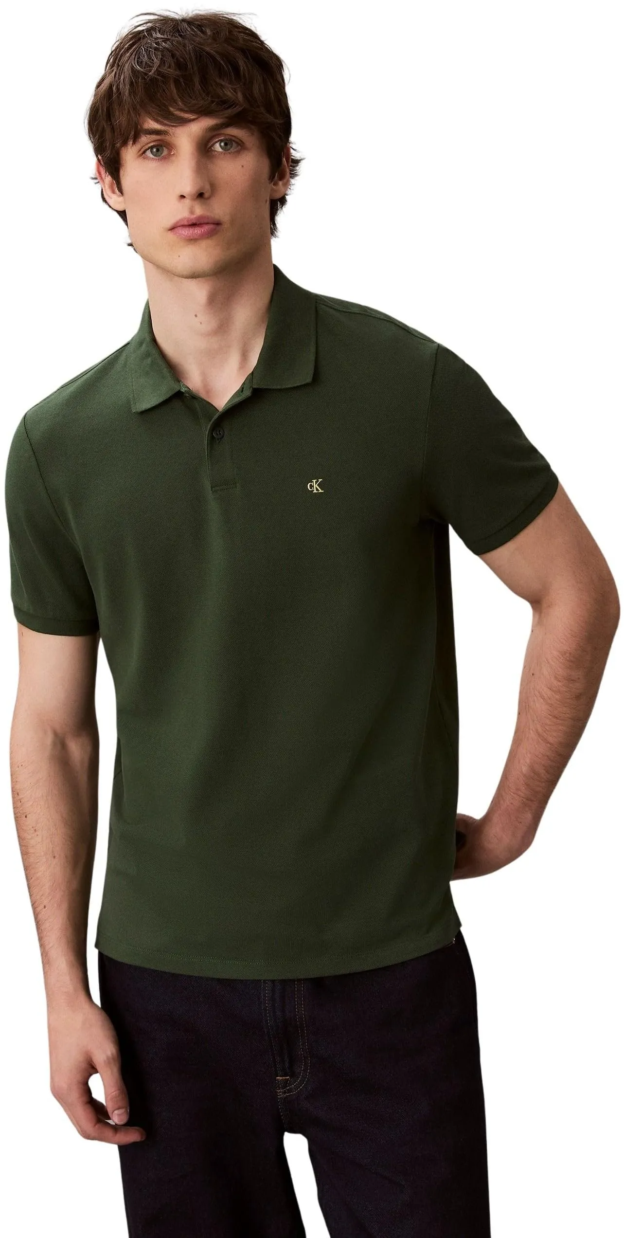 Calvin Klein Uomo Maglietta Polo Maniche Corte Monogram Pique in Cotone, Verde (Sycamore), S