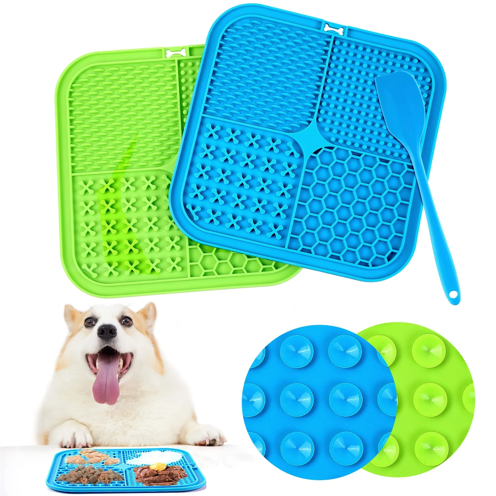 Romon Tappetino Leccare Cane, 2PCS 20x20cm Cane Pad Leccare con Spatola Silicone, Senza BPA Tappetini Leccare Cani con Ventosa, Lick Mat per Bagno Toelettatura Addestramento Curarlo (Blu+Verde)