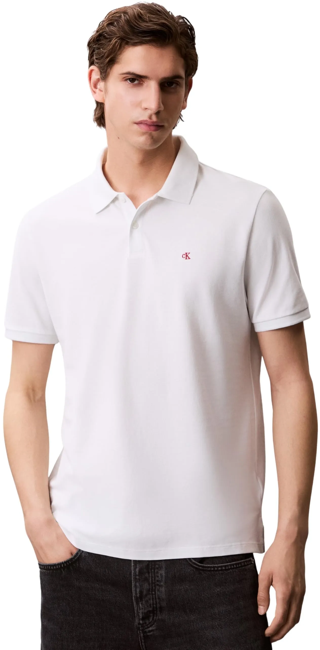 Calvin Klein Uomo Maglietta Polo Maniche Corte Monogram Pique in Cotone, Bianco (Blanc De Blanc), XL