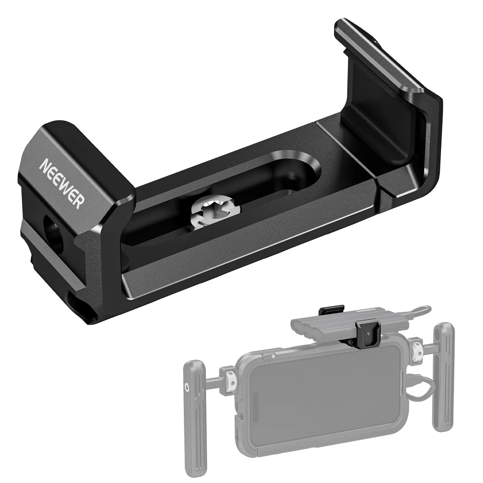 NEEWER Staffa SSD T5 T7 T9 per iPhone 16 15 Pro Max Gabbia PA023 PA024, 2,2"-3"/55-75mm Morsetto SSD Compatibile con Samsung con 1/4" Vite e Bordo Smussato Antitorsione, Slitta Fredda, UA051