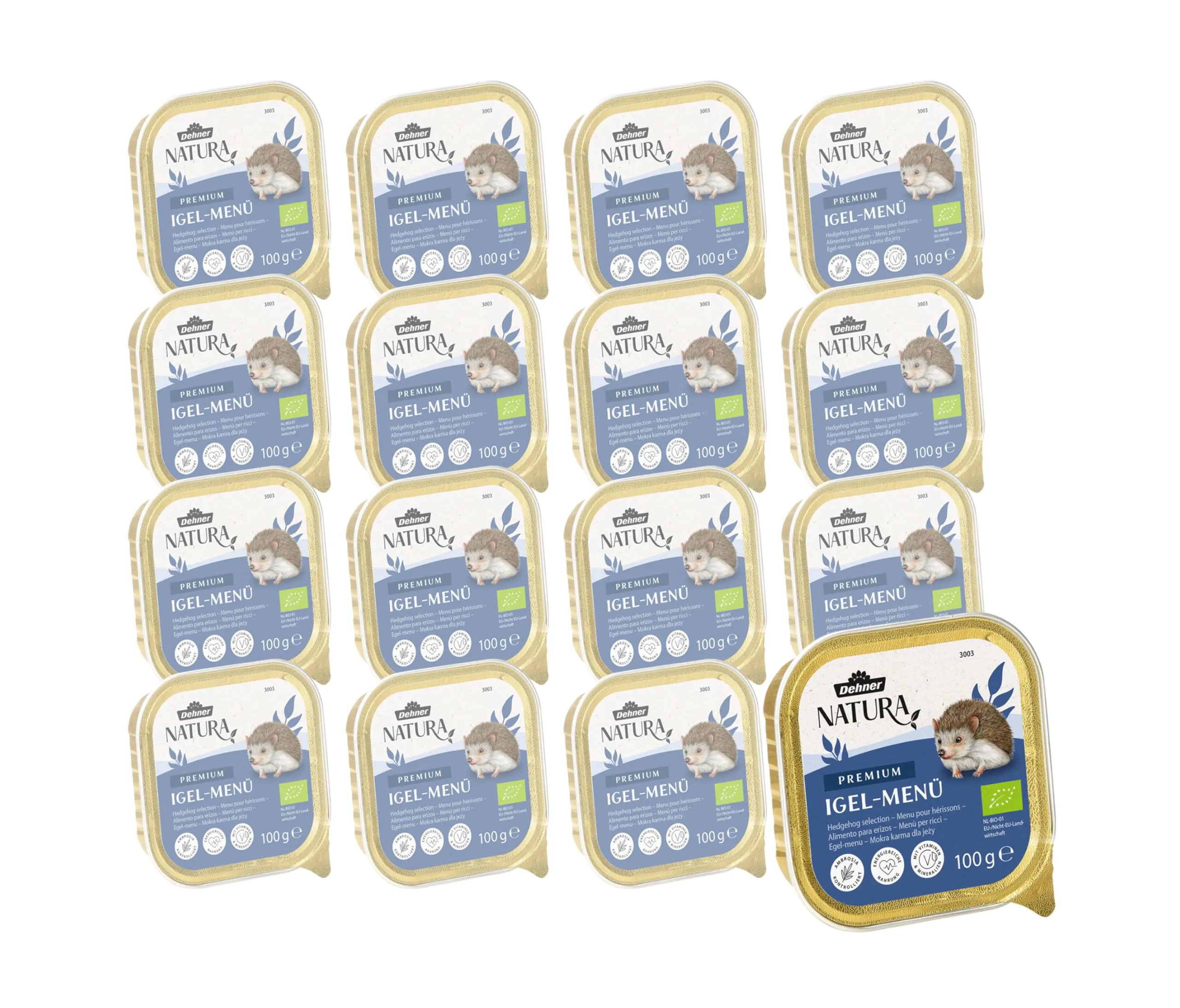 Dehner Natura Premium Menù per ricci, Cibo umido adatto alla specie, cibo completo e speciale, Alimentazione tutto l'anno, svernamento, ricco di proteine, 16 x 100 g.