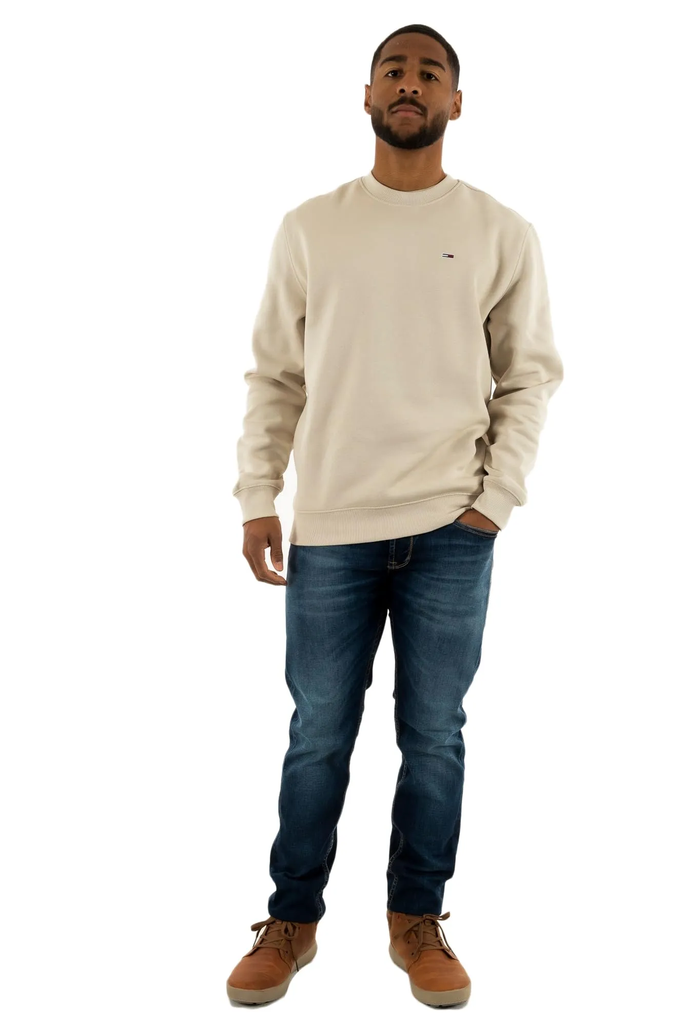 Tommy Jeans Tjm Reg S Flag Crew Dm0Dm20741, Felpa Pullover, Uomo, Beige (Newsprint), XS