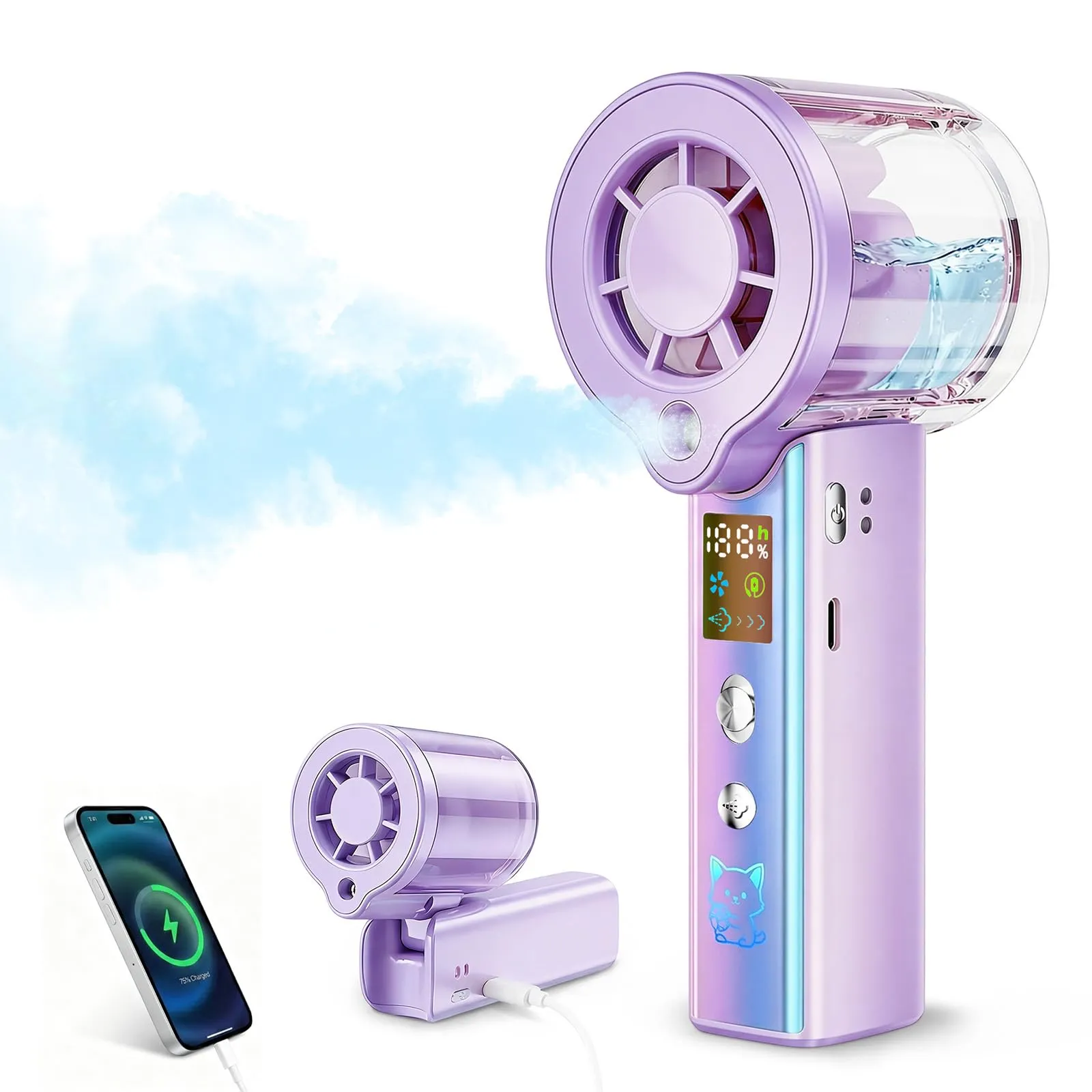 Carehabi Ventilatore Portatile con Nebulizzatore, Mini Ventilatore USB Ricaricabile 3000mAh, Display LED, 1-100 Velocità 16000 RPM, Pieghevole 115 Gradi con Cordino da Collo per Viaggio Ufficio
