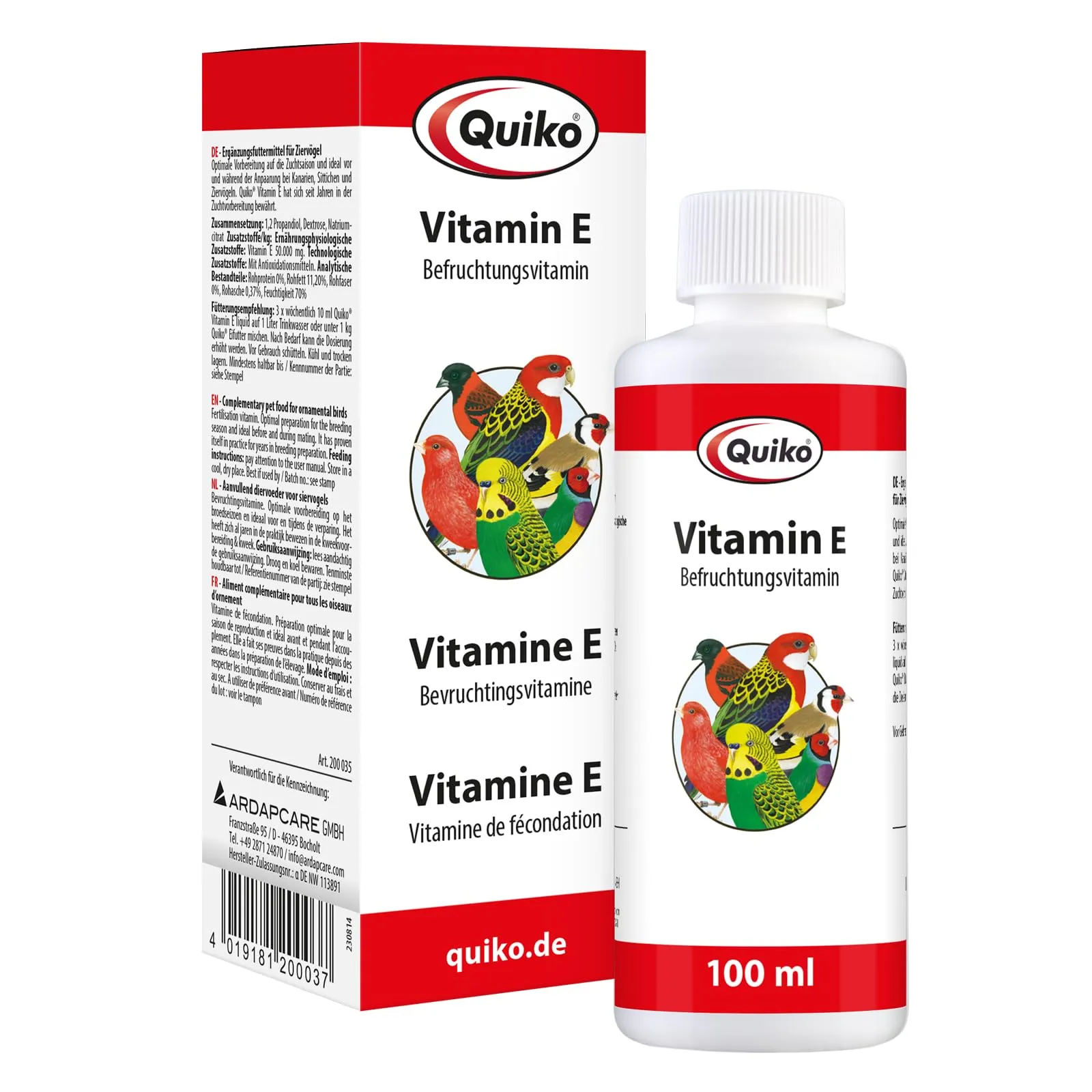 Quiko Vitamina E 100ml liquid Vitamina fertilizzante per uccelli da compagnia, piccioni da corsa e polli Supporta la riproduzione e promuove risultati eccellenti