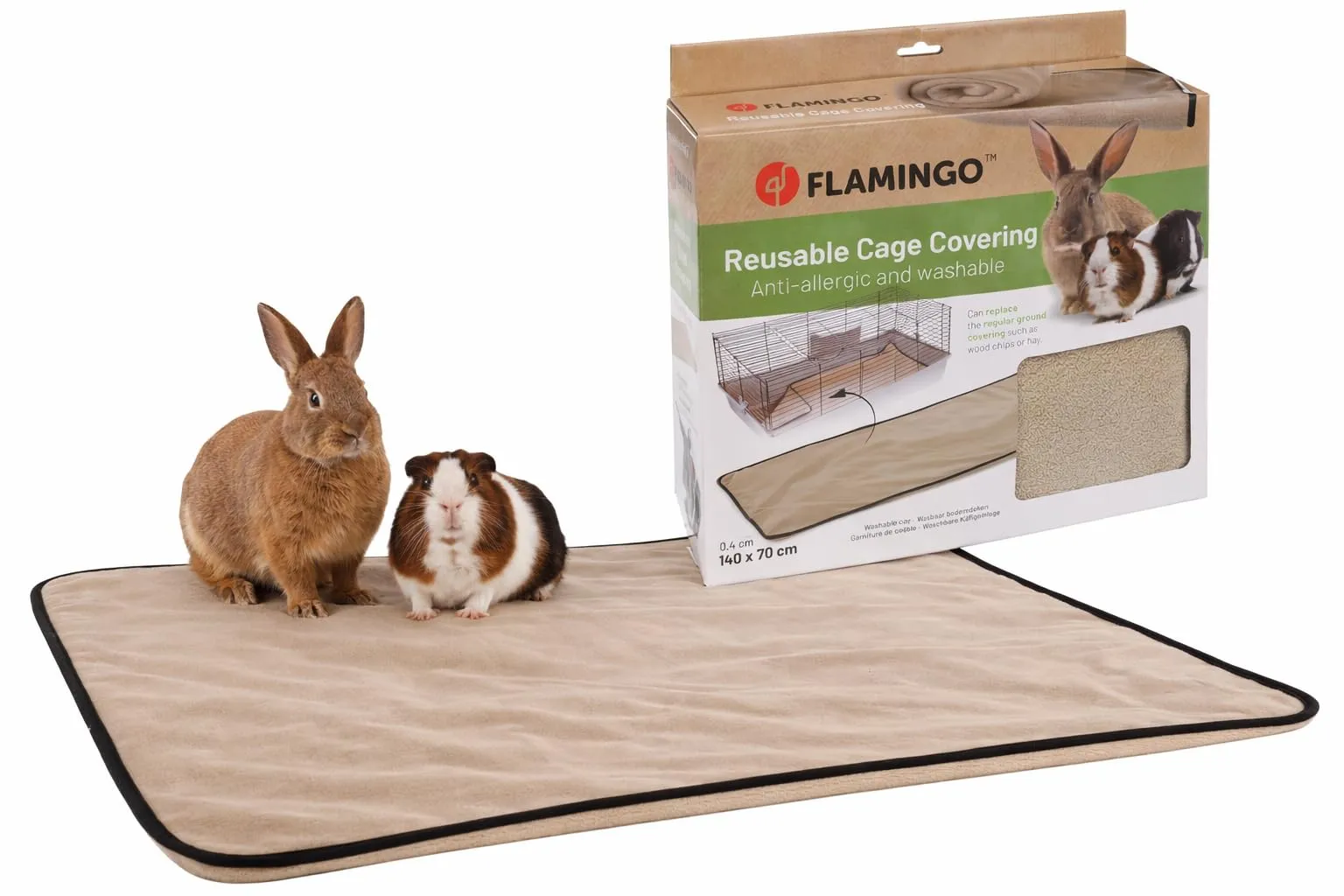Flamingo Gabbia Criceto - Tappetino Assorbente Taupe 140x70x0,4 cm - Tessuto 3 Strati - Asciugatura Rapida - Lavabile 40°C - Senza Polvere - per Conigli e roditori