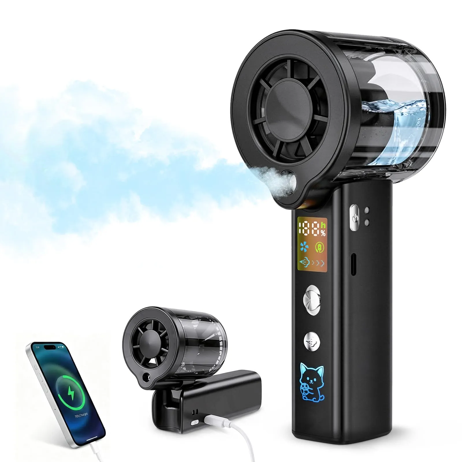 Carehabi Ventilatore Portatile con Nebulizzatore, Mini Ventilatore USB Ricaricabile 3000mAh, Display LED, 1-100 Velocità 16000 RPM, Pieghevole 115 Gradi con Cordino da Collo per Viaggio Ufficio