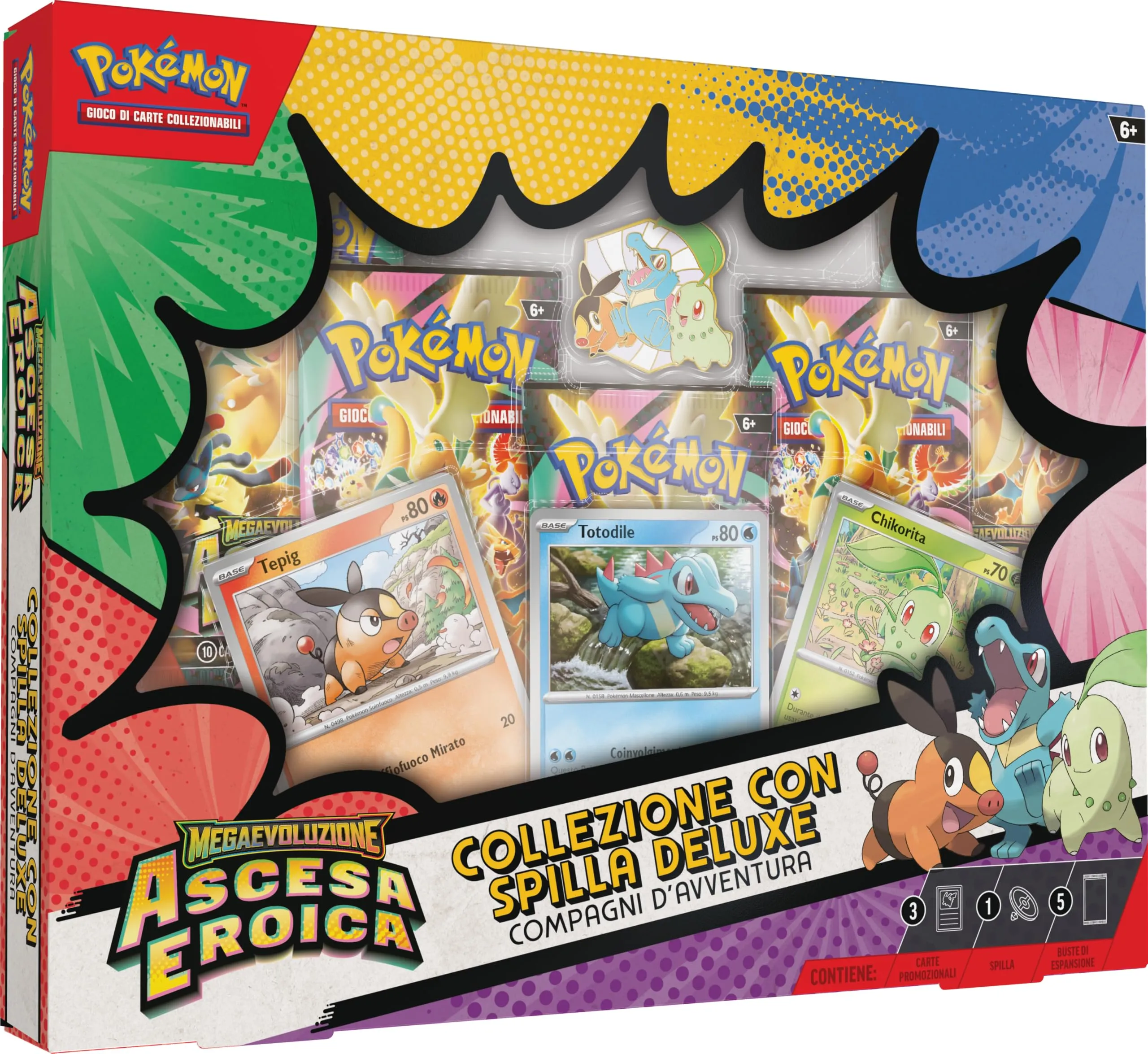Pokémon: collezione con spilla deluxe Compagni d’avventura dell’espansione Megaevoluzione - Ascesa Eroica del GCC Pokémon (3 carte promozionali olografiche, 1 spilla deluxe e 5 buste di espansione)