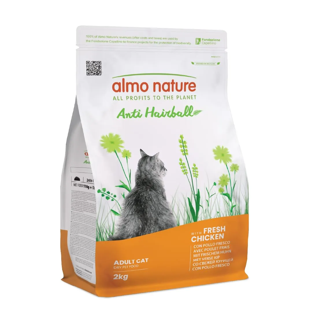Almo Nature Anti Hairball - Crocchette Gatto Adulto con Pollo Fresco, con Miscela di Fibre Vegetali per Contrastare la Formazione di Boli di Pelo - Sacco da 2kg