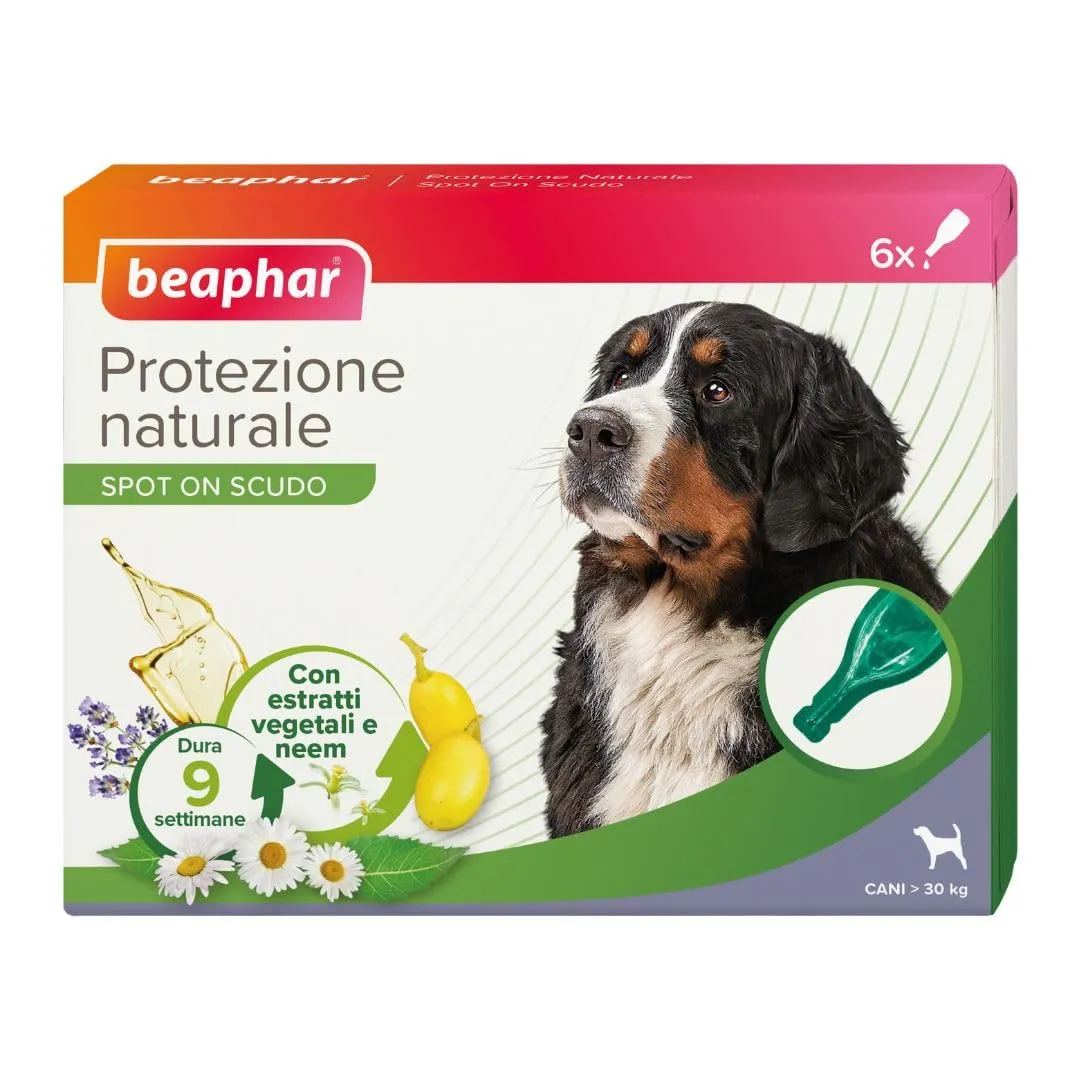 Beaphar Protezione Naturale, Spot-On Scudo per Cane Grande, con Olio di Neem e Piretro Vegetale, 9 Settimane di Protezione, 6 Pipette da 2 ml