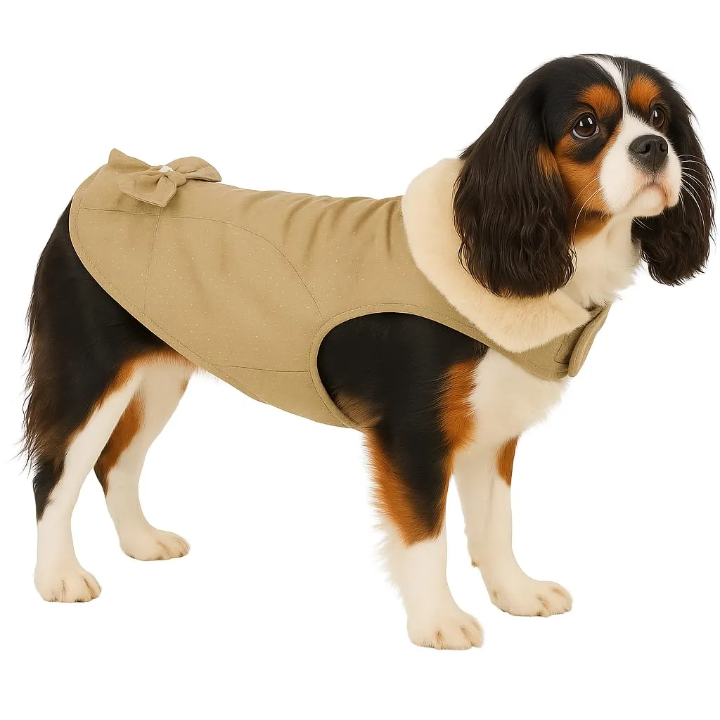 Cappotto cane – Guzzi Beige – A:35cm – Poliestere – Lavabile a 30°C – Fodera in pile morbido – Impermeabile – Con fiocco decorativo – Flamingo