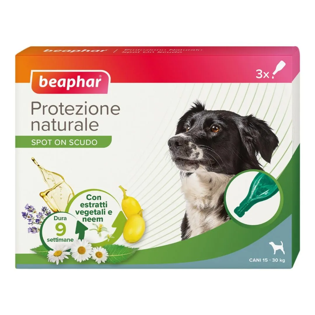 Beaphar Protezione Naturale, Spot-On Scudo per Cane Medio, con Olio di Neem e Piretro Vegetale, 9 Settimane di Protezione, 3 Pipette da 2 ml