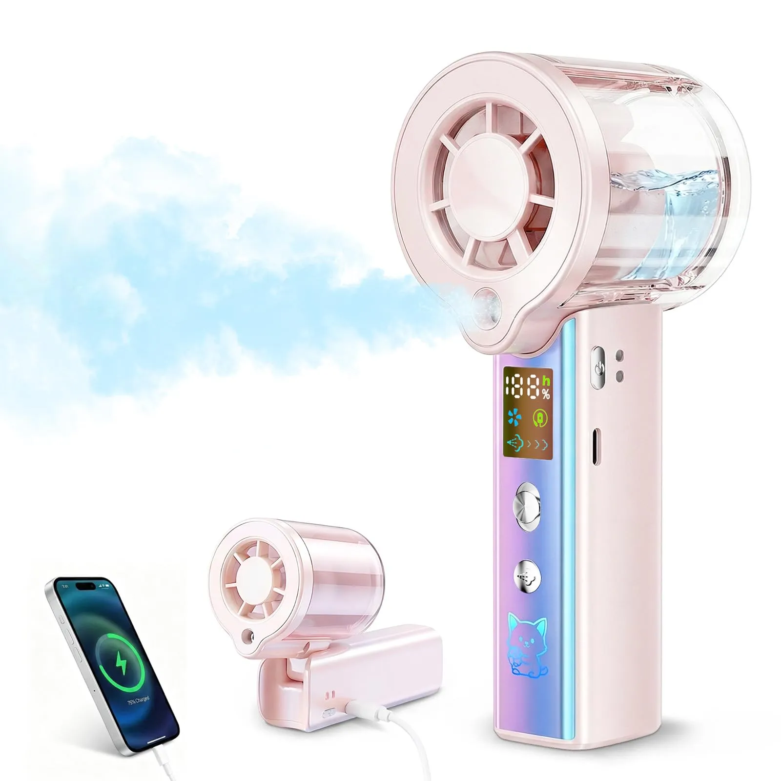 Carehabi Ventilatore Portatile con Nebulizzatore, Mini Ventilatore USB Ricaricabile 3000mAh, Display LED, 1-100 Velocità 16000 RPM, Pieghevole 115 Gradi con Cordino da Collo per Viaggio Ufficio