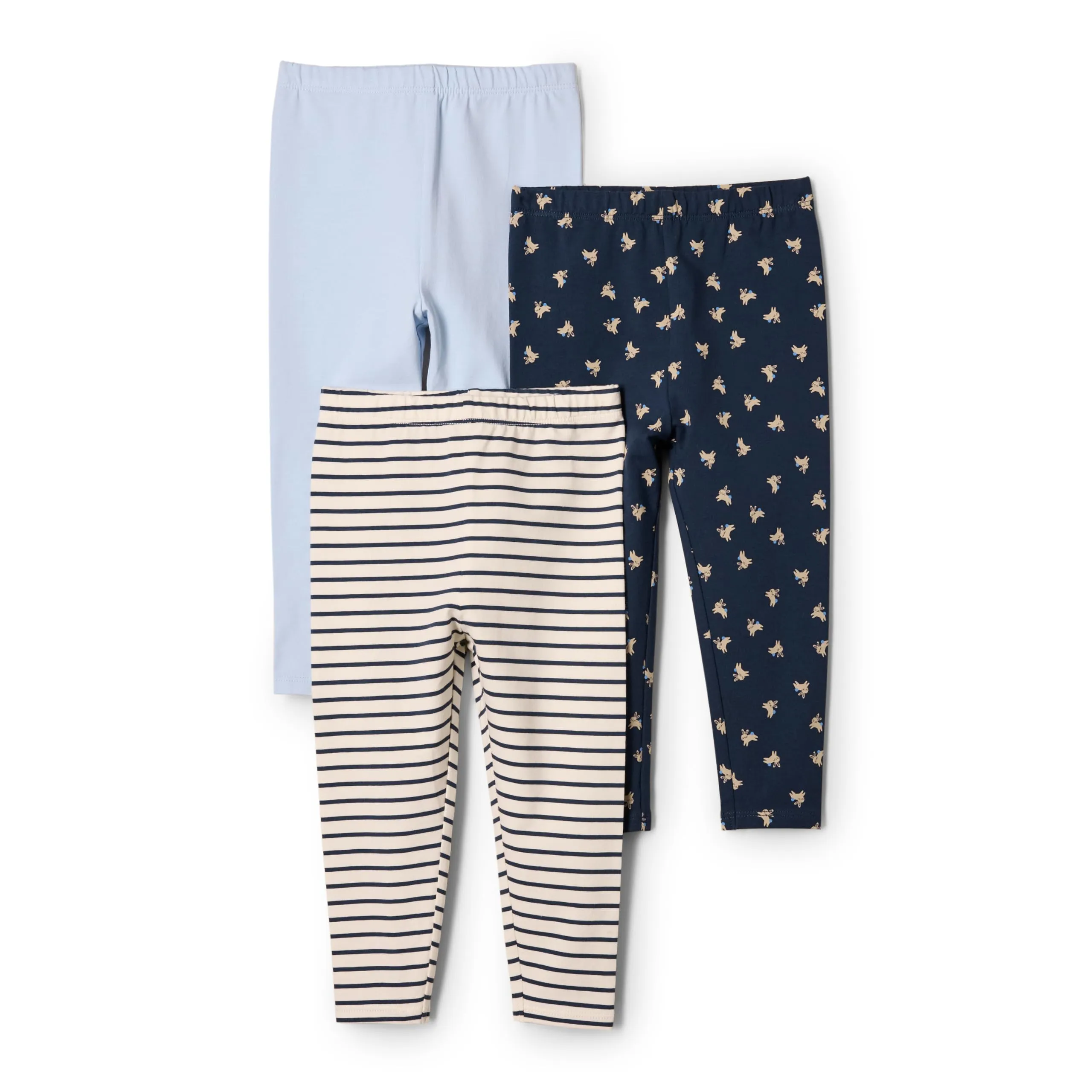 Amazon Essentials x Sofia Grainge Leggings alla Caviglia Traspiranti in Cotone Bimba 0-24, Confezione da 3, Blu Chiaro/Coniglietti/Righe, 4 Anni