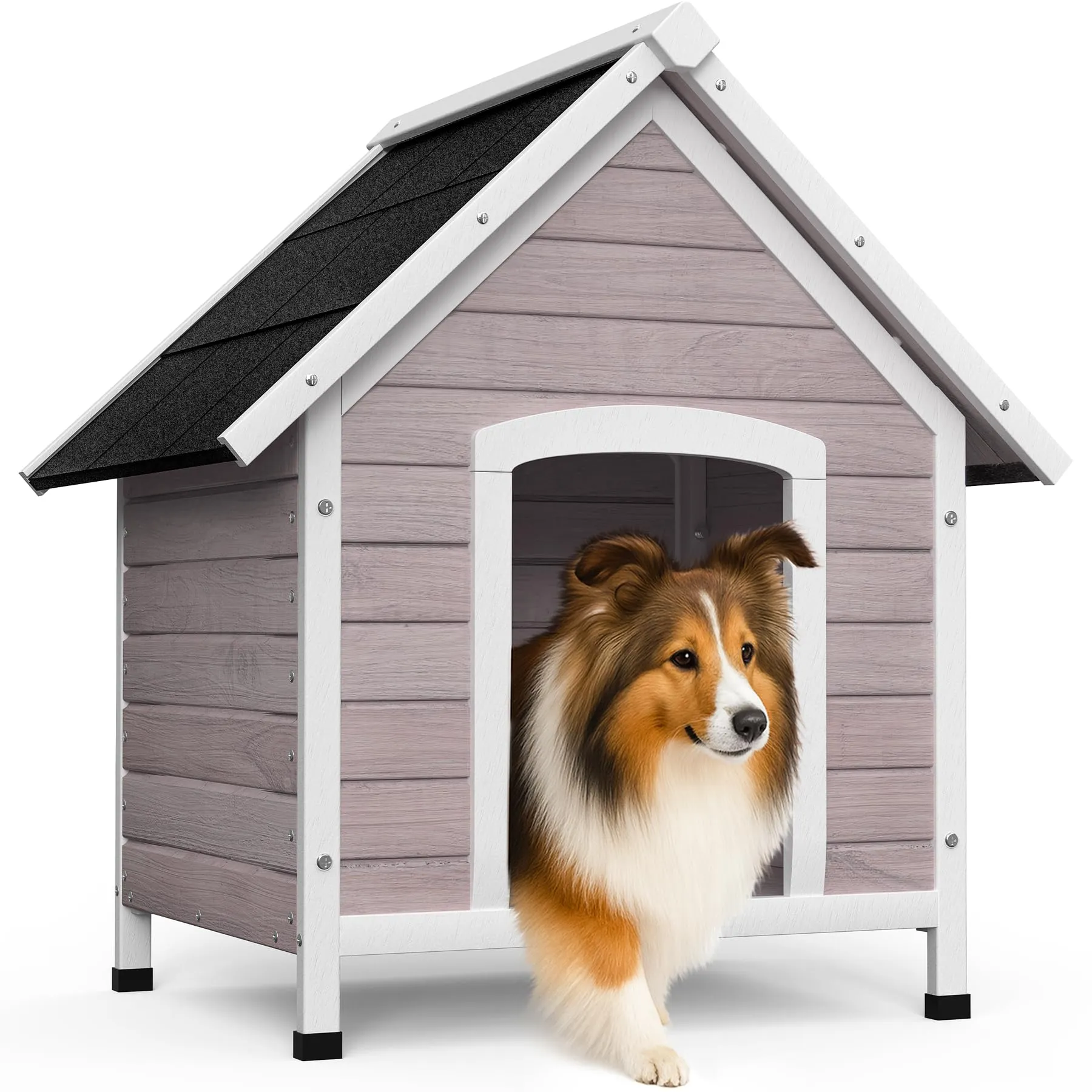 VOUNOT® Cuccia Cane da Esterno in Legno, Cucce per Cani con Tetto Spiovente Impermeabile, Pavimento Removibile e Piedi Antiscivolo, Casetta Robusta per Cani di Taglia Media, 72x65x83cm, Grigio