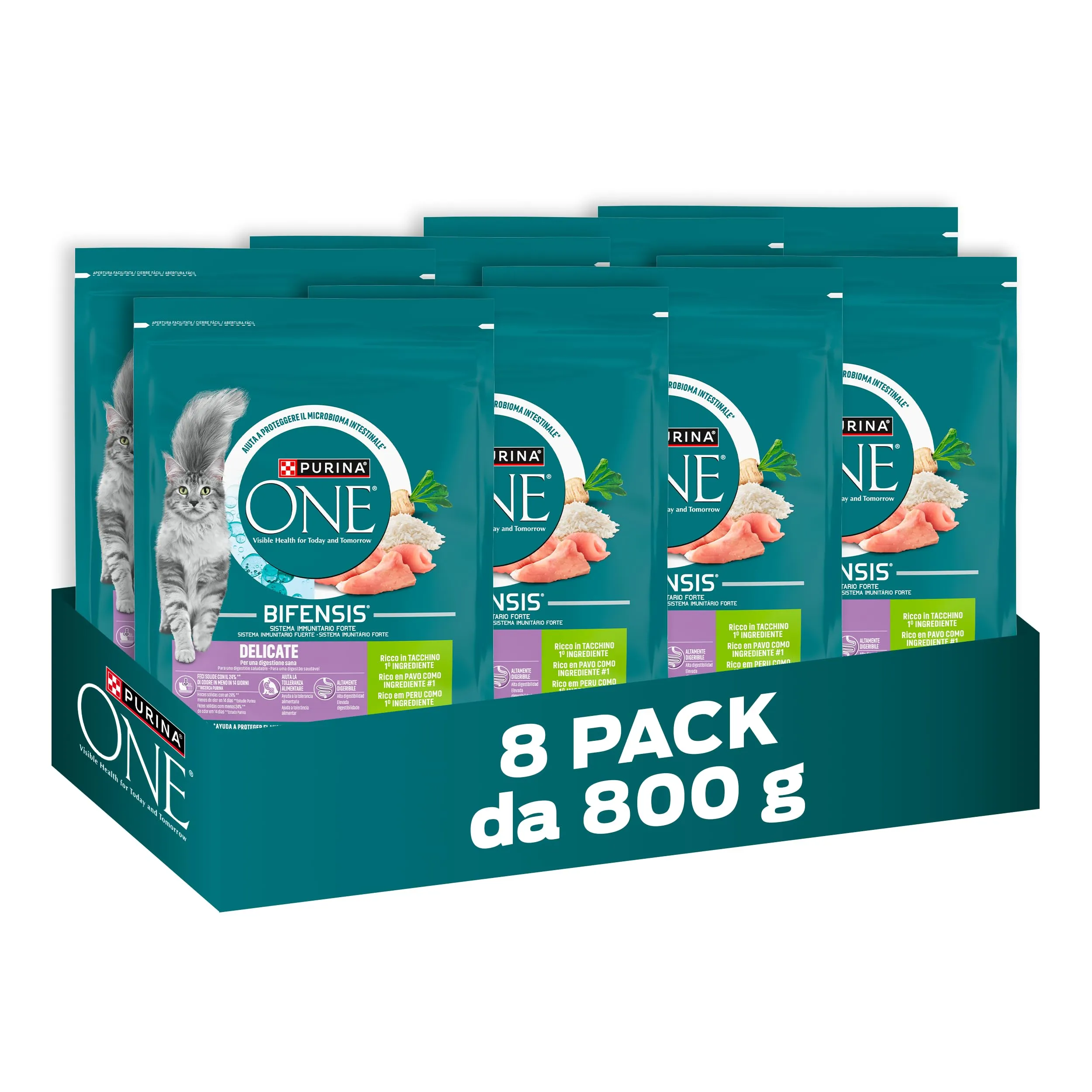 PURINA ONE Bifensis Delicate Crocchette Gatti Adulti, 8 Sacchi da 800g