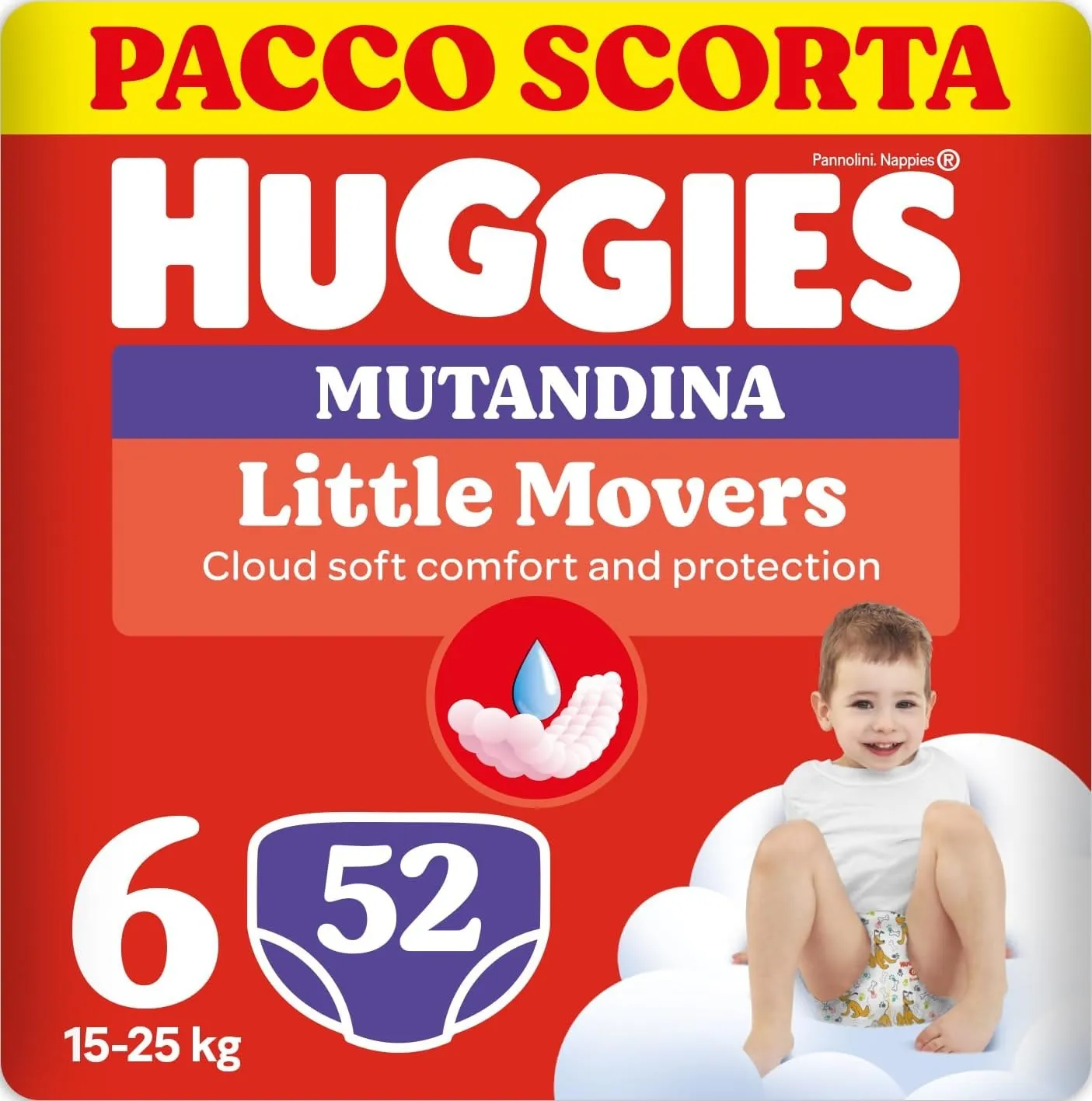 Huggies Little Movers Mutandina, 52 Pannolini Mutandina Taglia 6 (15-25 Kg)