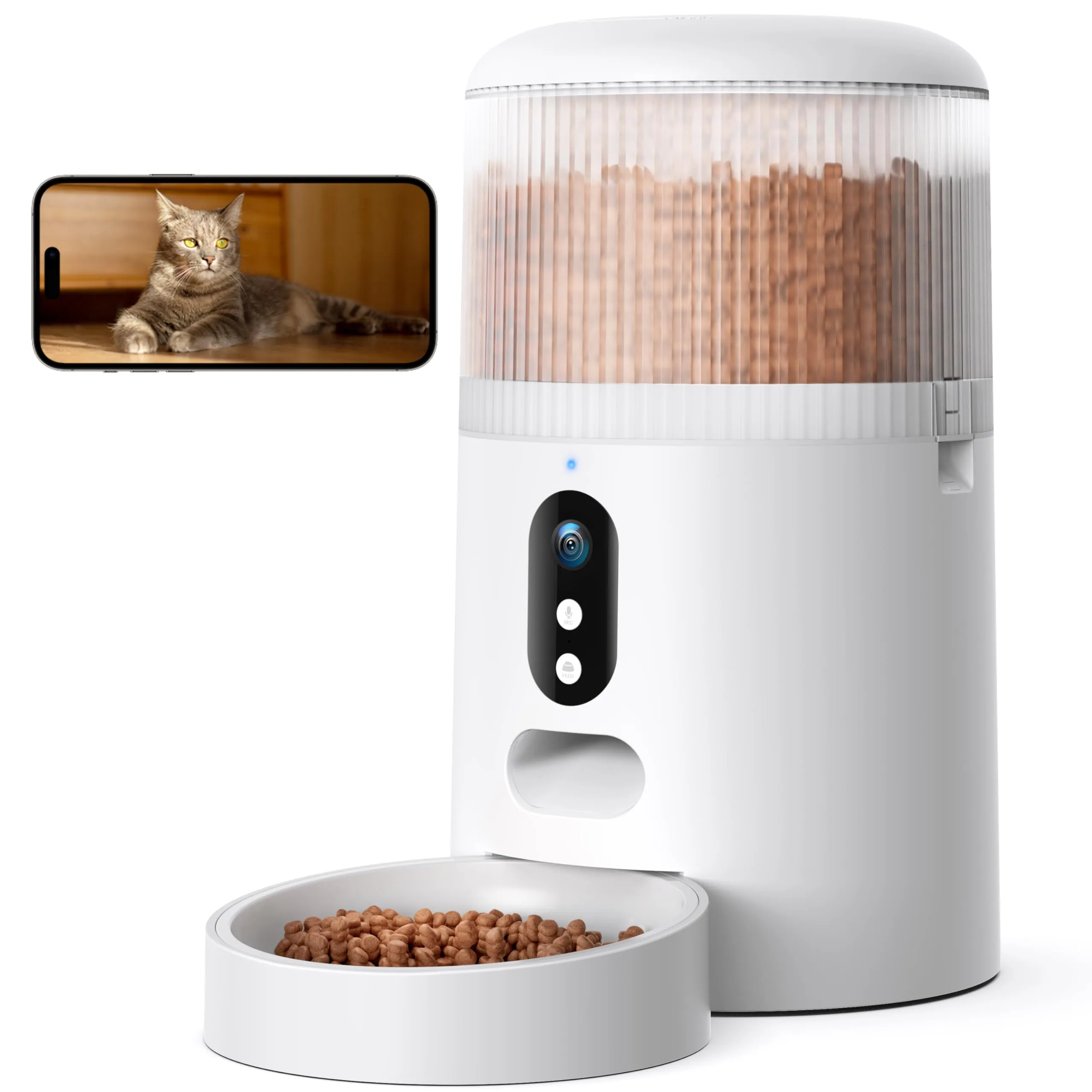 Faroro Dispenser Automatico Cibo Gatti WiFi, 3MP HD Telecamera con Visione Notturna, 4L Dispenser Cibo Gatti/Cani con Audio Bidirezionale, Controllo APP, Rilevamento Movimento e Doppia Alimentazione
