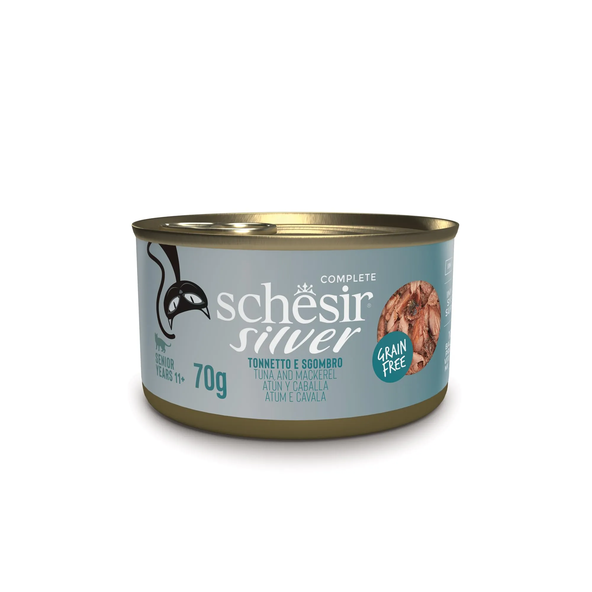 Schesir Silver, Filetti di Tonnetto e Sgmobro in Brodo, Alimento Umido Completo per Gatti Anziani, Grain Free, Supporta il Sistema Immunitario, Ricco di Idratazione, 12 x 70g