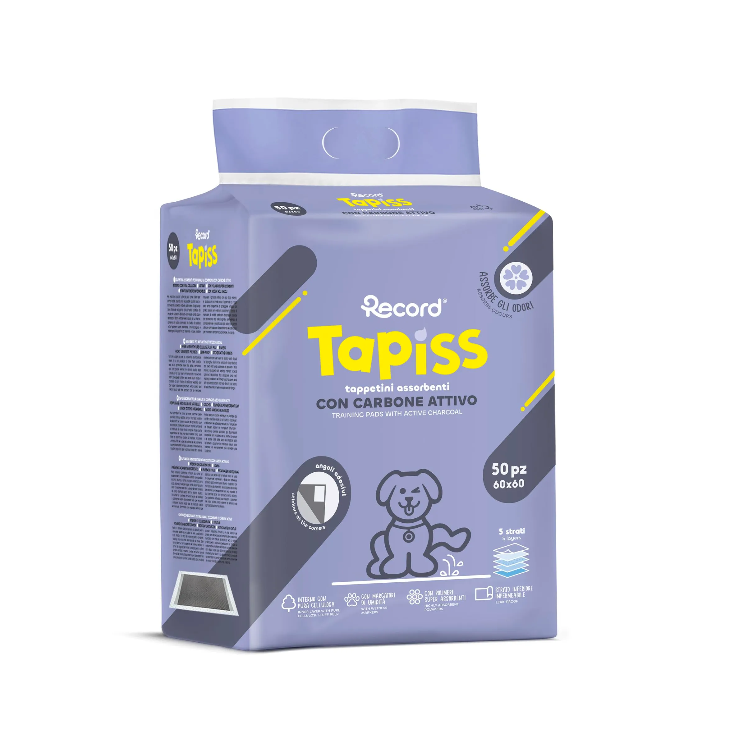 Record Tapiss Tappetini per Cani Usa e Getta Ultra Assorbenti ai Carboni Attivi con Base Impermeabile. Traverse per cani con Pura cellulosa e Angoli Adesivi|Confezione 50 tappetini, Misure 60 x 60 cm