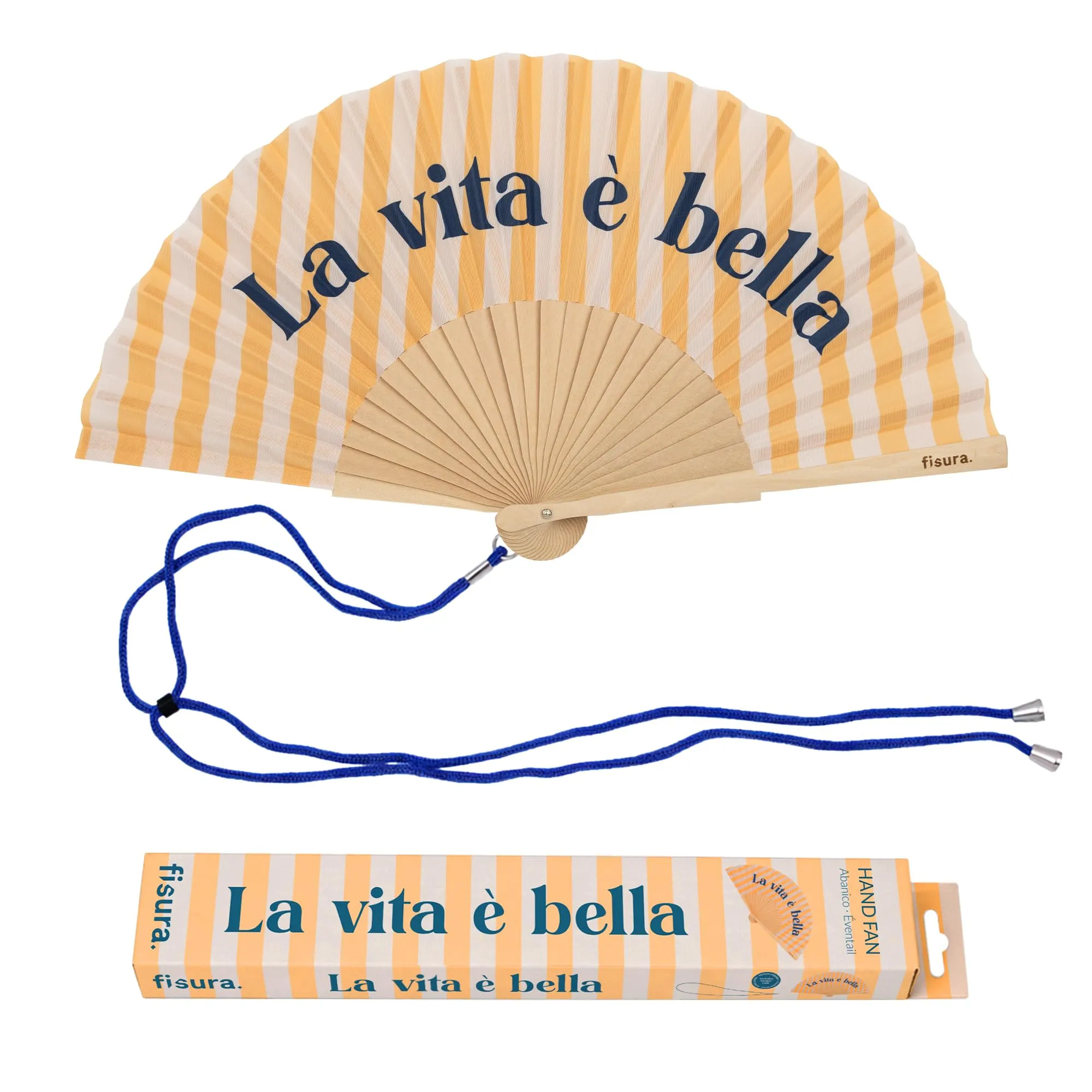 Fisura – Ventaglio originale con messaggio “La vita è bella”. Accessorio pieghevole in legno giallo con righe, ventilatore manuale leggero per estate, vacanze o viaggio. Laccetto incluso 42,5 x 23 cm