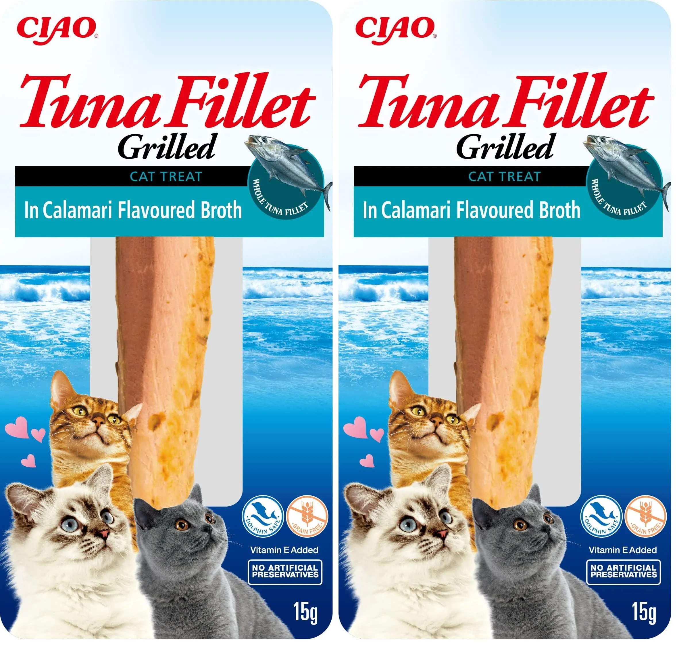 INABA Filetti di Tonno Grigliato per Gatti, in Brodo al Gusto di Calamari - Snack Gatto Ricco di Antiossidanti Senza Conservanti o Coloranti Artificiali, Grain-Free - Cibo per Gatti, 1 Filetto x 15g