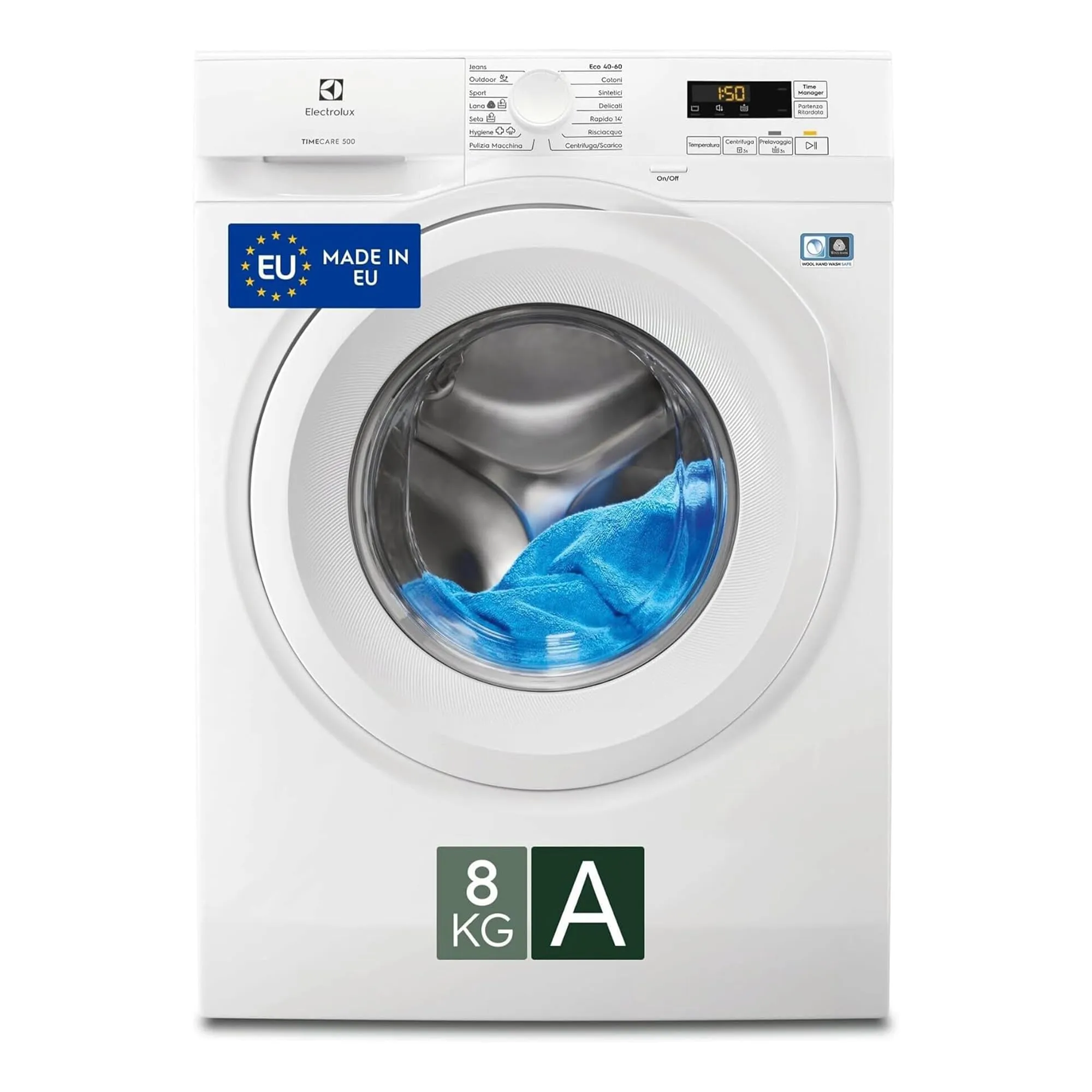 Electrolux Lavatrice a Carica Frontale EW5F8W, 8kg Serie 500 TimeCare, 1151 Giri/min, AutoSense e Partenza Ritardata da Remoto, Programma Hygiene, Cesto GentleCare, 847x596x547mm, Bianco, Classe A