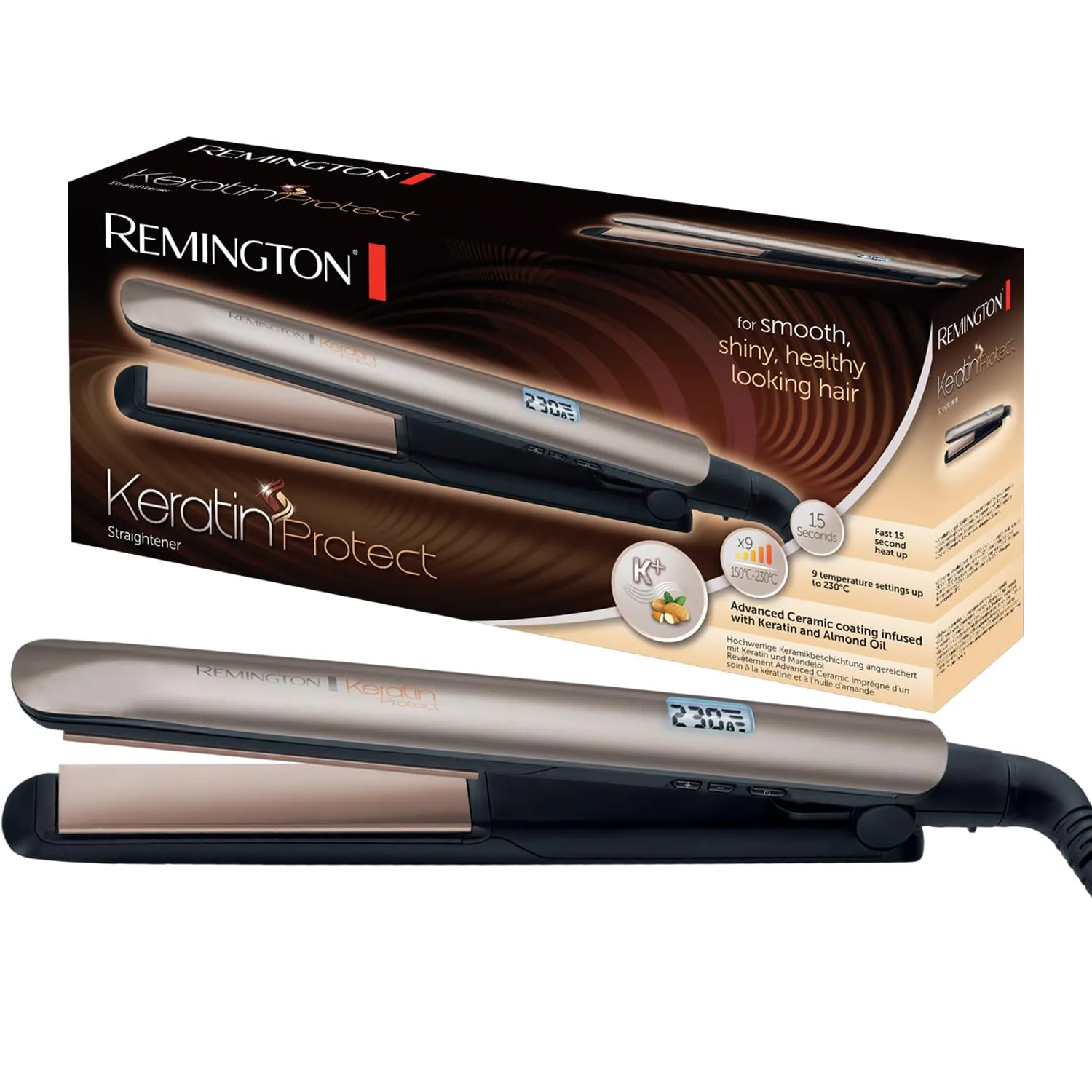 Remington Piastra per Capelli - Keratin: Rivestimento Ceramico di alta qualità con Cheratina e olio di mandorle - Display LCD, 9 impostazioni di temperatura 150-230°C, piastra per capelli S8540