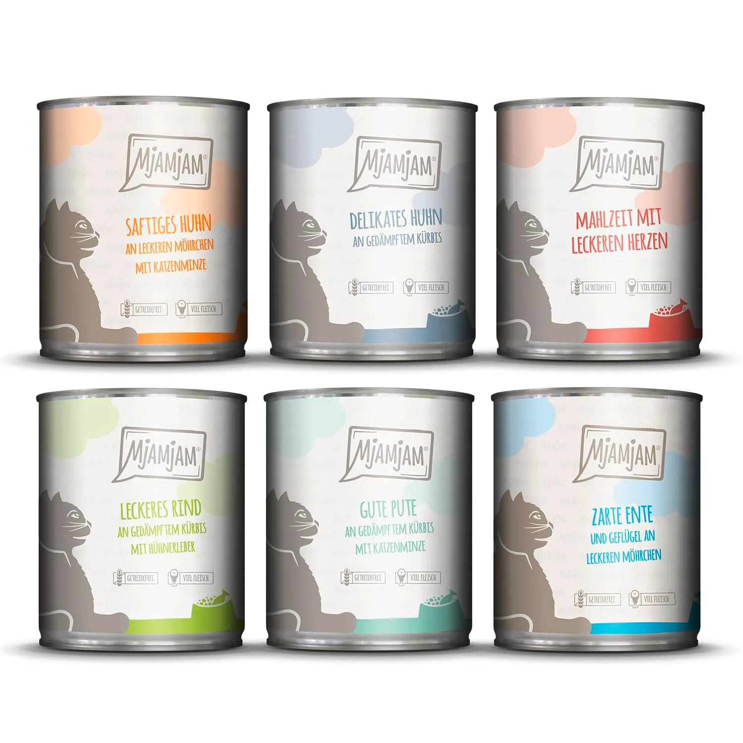 MjAMjAM Cibo umido premium per gatti, confezione mista III, pollo e zucca, tacchino, anatra e pollame, cuori, pollo, manzo, confezione da 6 (6 x 800 g), senza cereali con carne extra