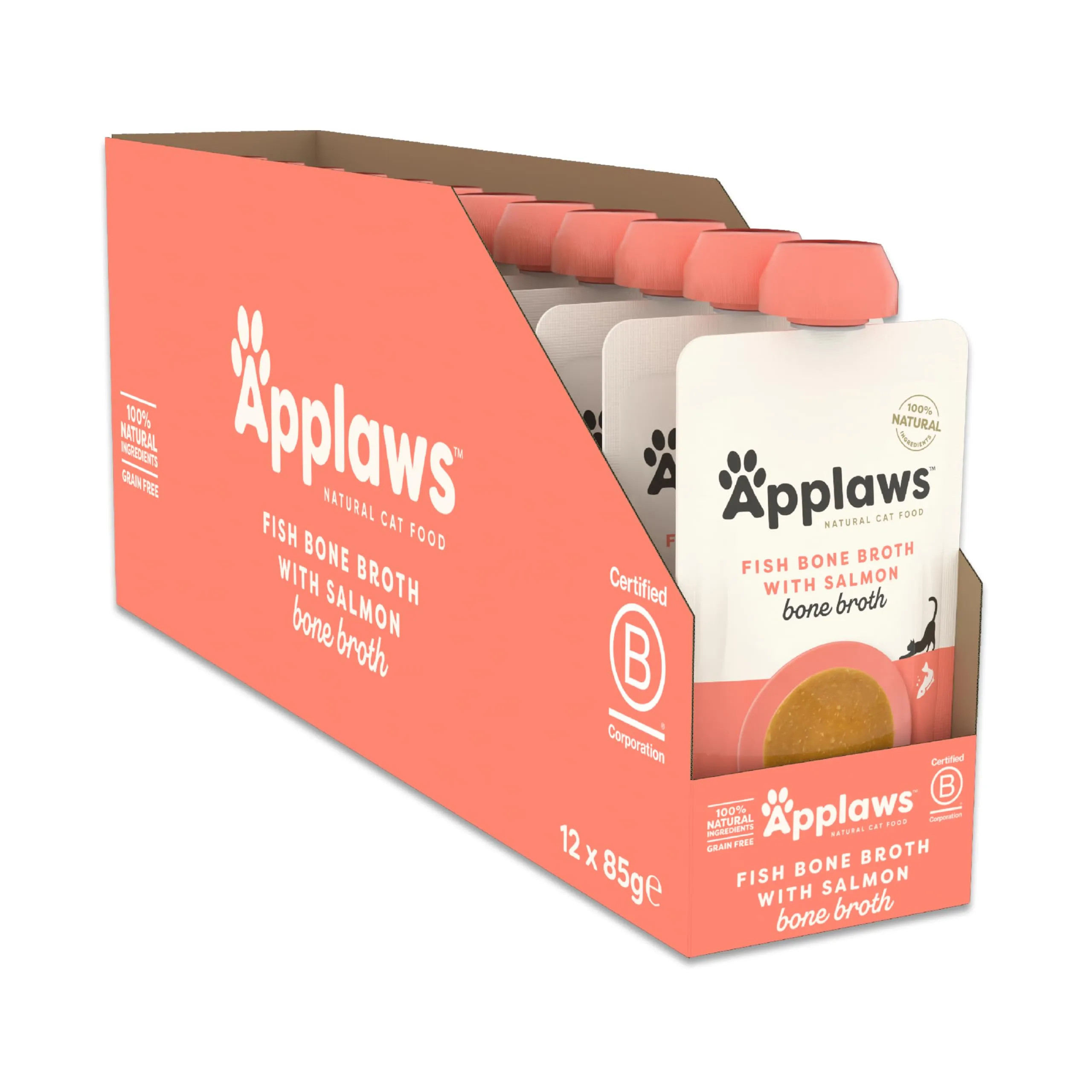 Applaws Cibo Umido per Gatti 100% Naturale – Topping di Brodo di Pesce con Salmone, in Bustine con Beccuccio da 85g