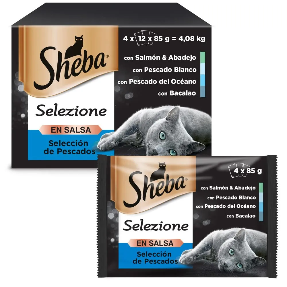 Sheba - Filettini in salsa per gatti adulti, cibo umido per gatti, selezione al pesce (48 confezioni salva-freschezza da 85 g)