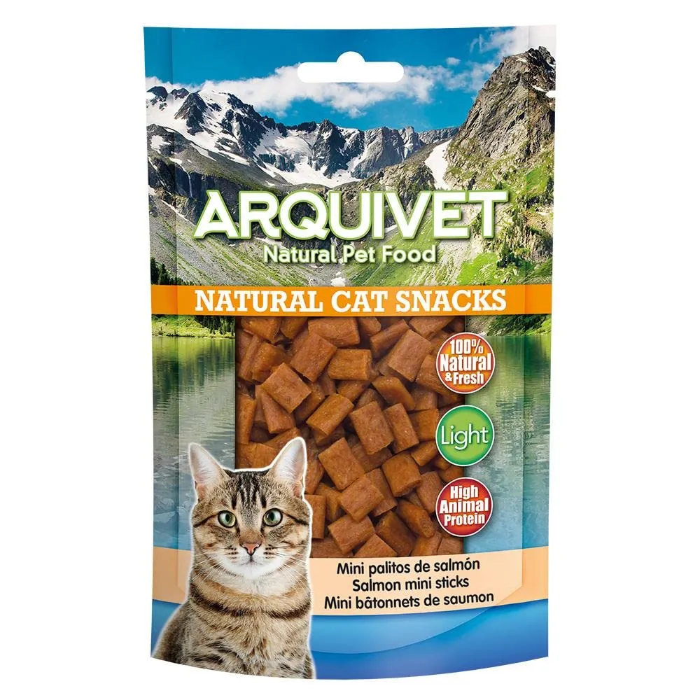 ARQUIVET Mini bastoncini di Salmone - 50 gr - Snack 100% naturali per gatti - Prodotto a basso contenuto di grassi, leggero - Natural Cat Snacks